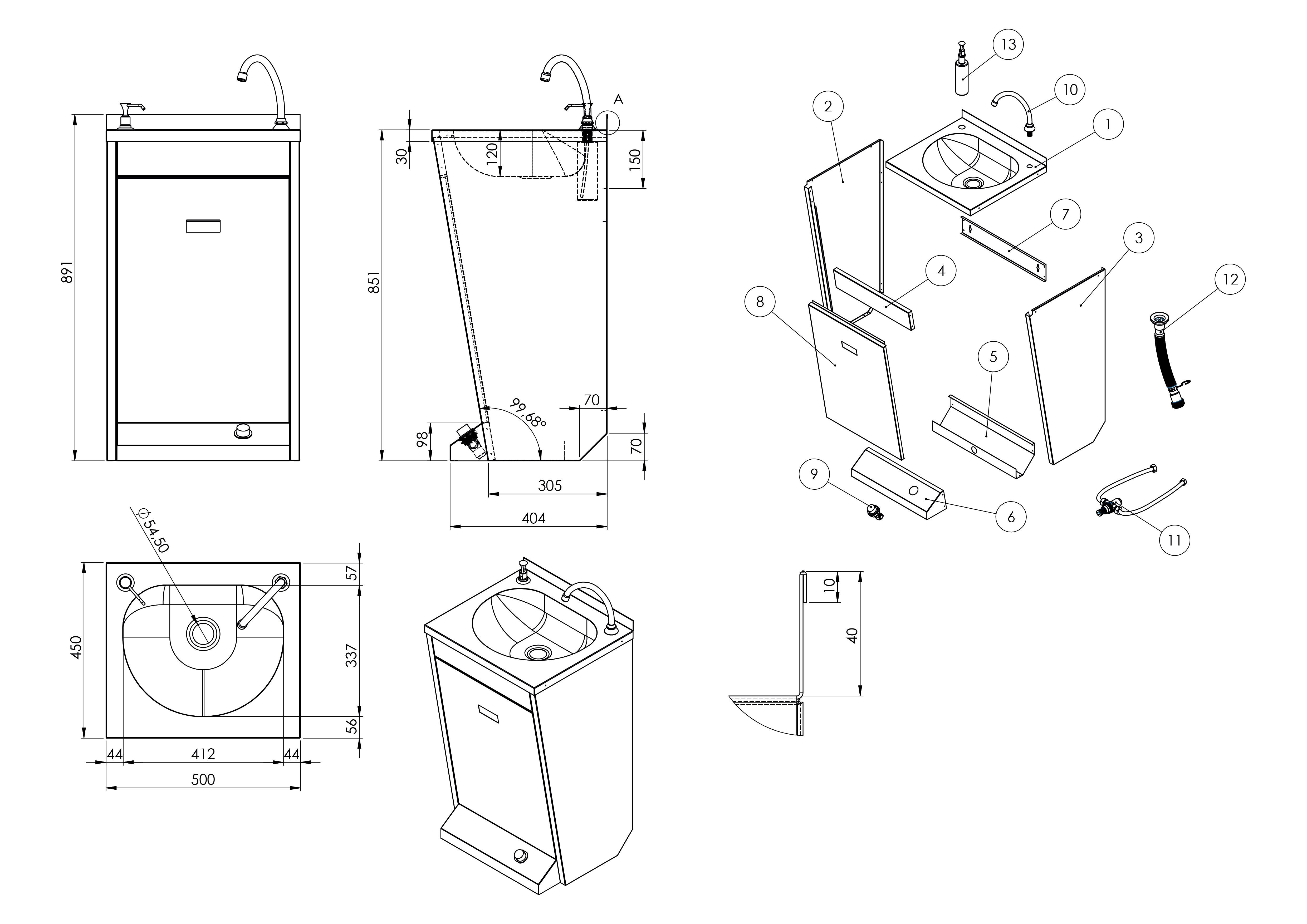 Commercial Hand Wash Sink - Stainless steel - with foot-operated tap, soap dispenser