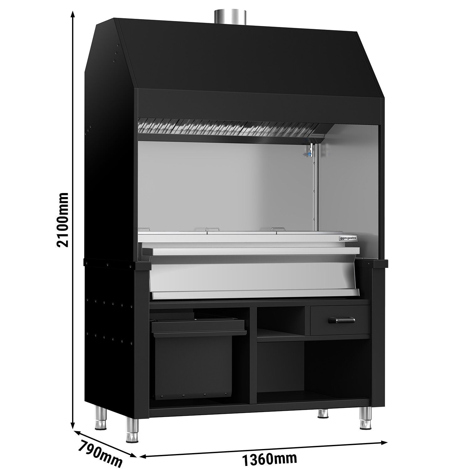 Charcoal Grill - 1360mm - 3 grill grates - Black