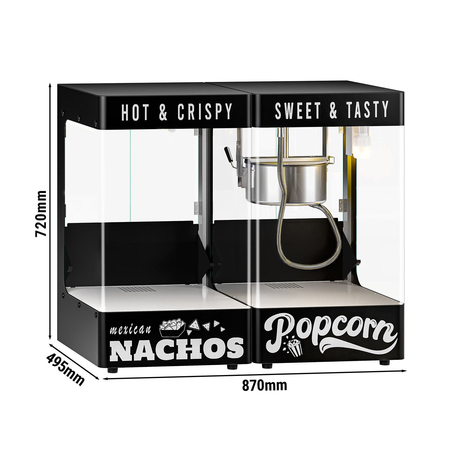 Machine à popcorn avec chauffe-nachos / chauffe-chips - 1,31 kW - 5 kg/h - avec 1 cuve - Noir
