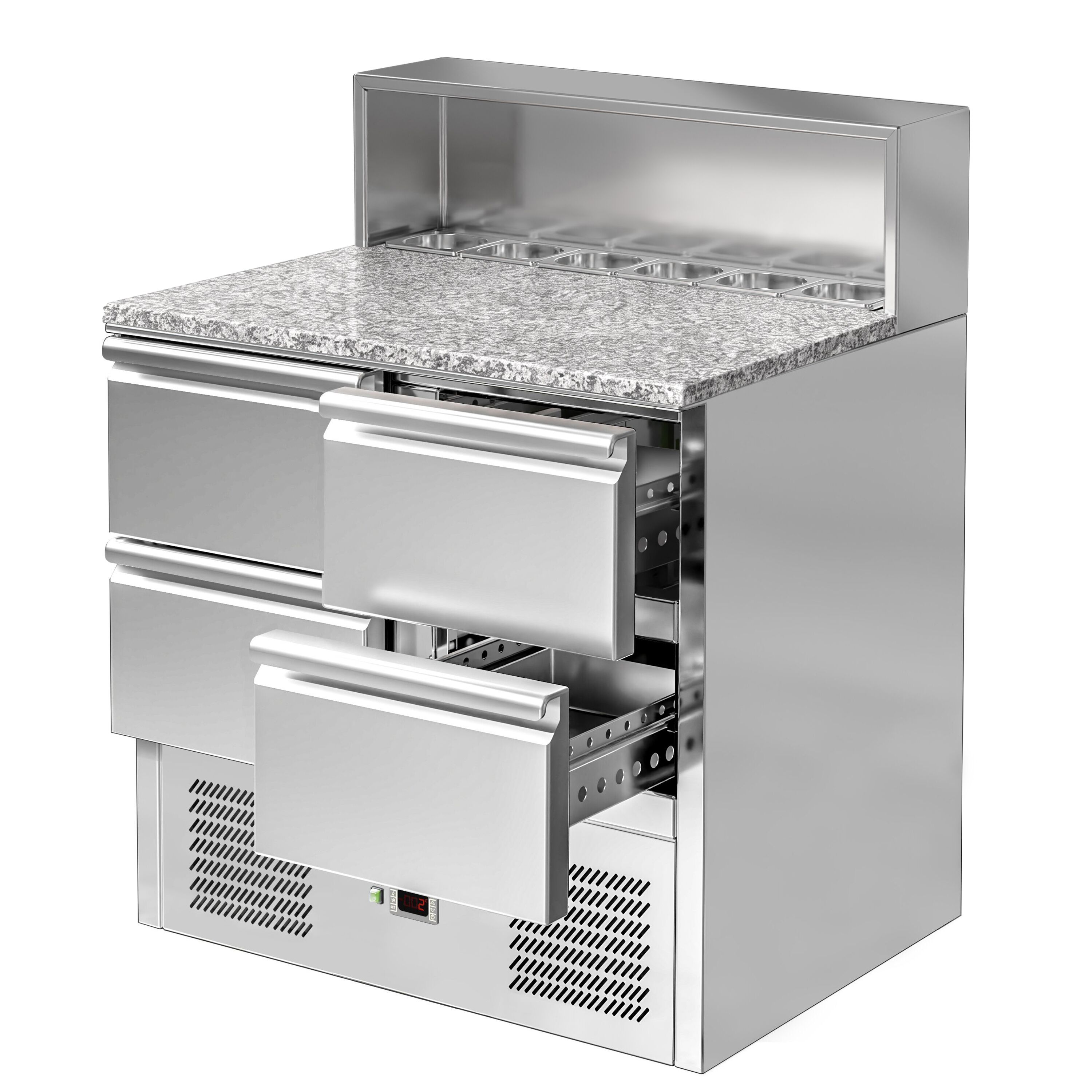 Saladette réfrigérée ECO - 903mm - 240L - façade noire - 4 tiroirs - avec découpe pour 5x GN 1/6 & Couvercle inox - plan de travail en granit noir