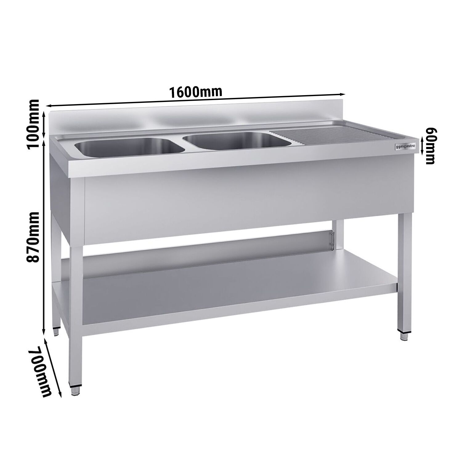 Plonge en inox ECO - 1600x700mm - avec étagère basse - 2 bacs à gauche