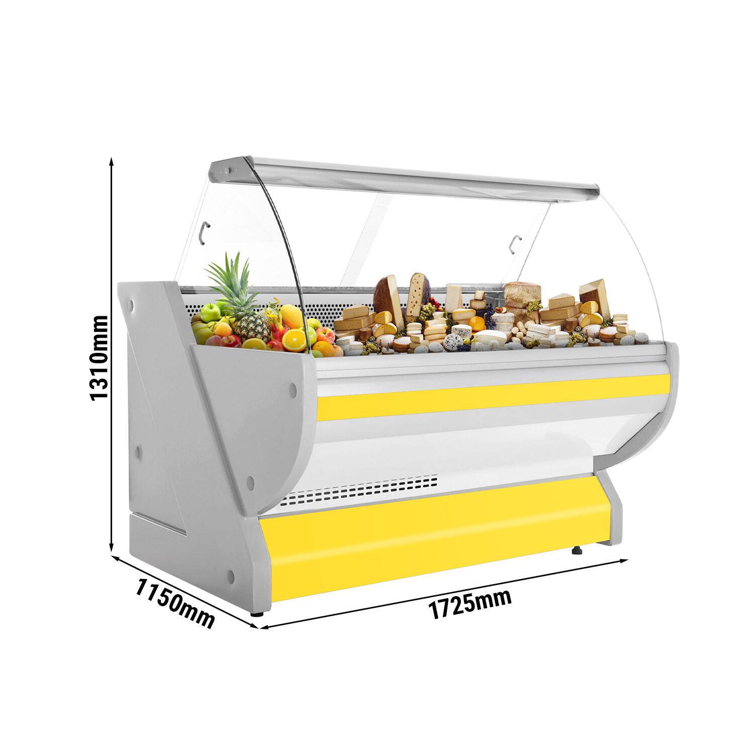 Serve Over Counter - 1725x1150mm - curved front glass - granite worktop - yellow front - capacity 340 litres