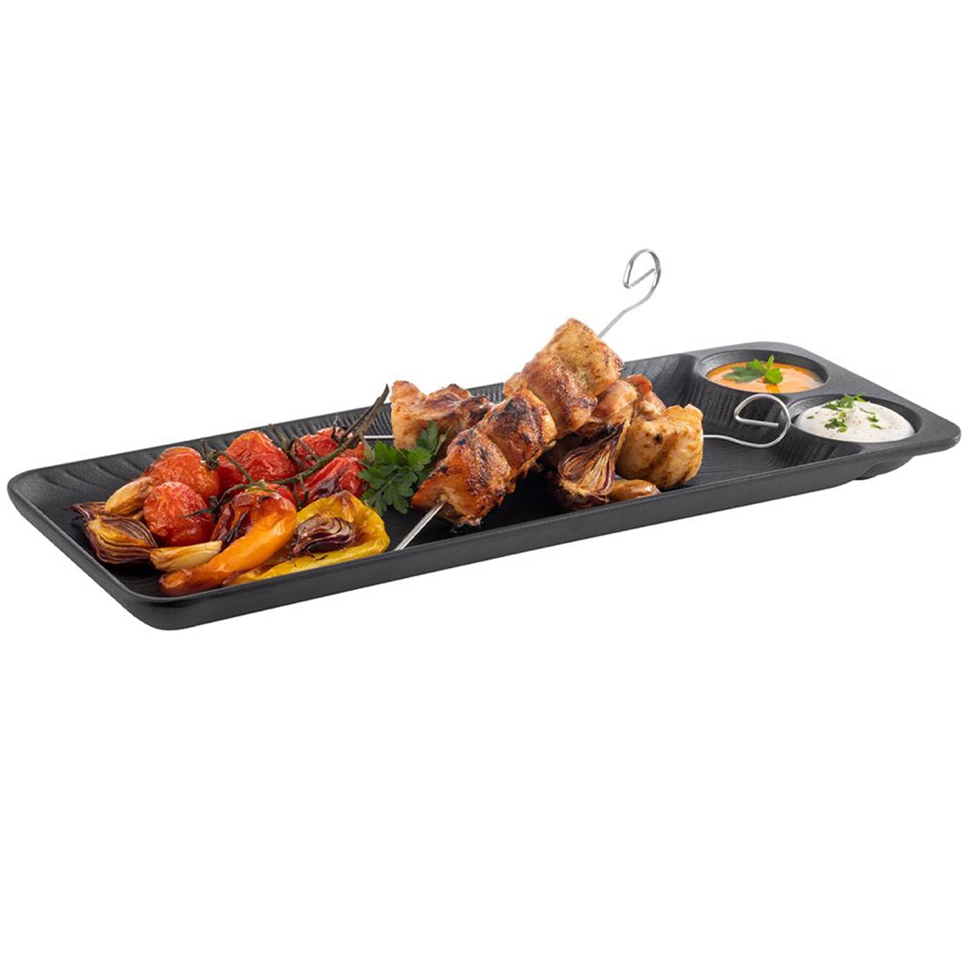 (6 pcs) Plateau de présentation - NERO - Mélamine - 410x150mm - Hauteur:25mm - Noir - 2 coupelles à sauce intégrées; empilable; compatible lave-vaisselle