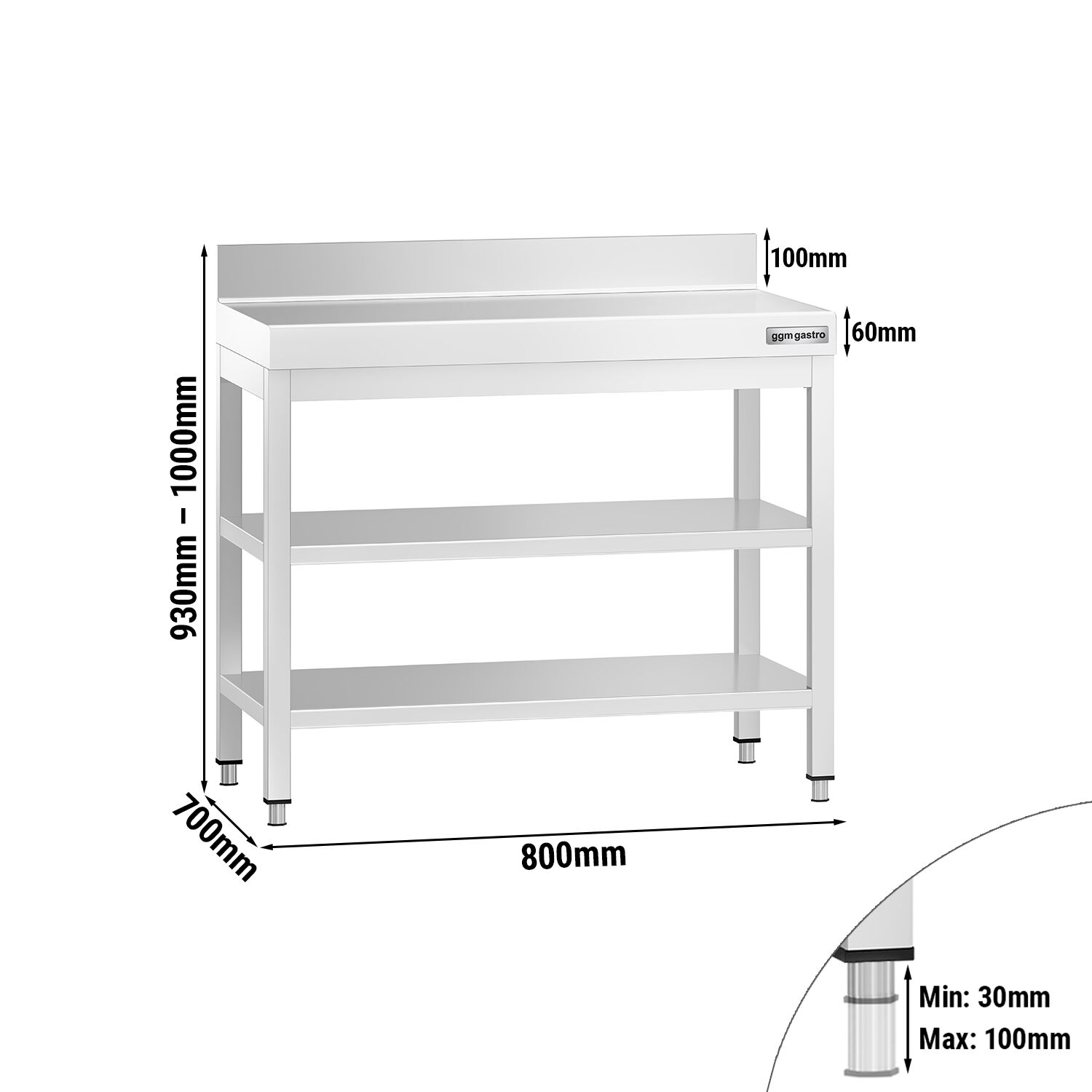 Table de travail inox PREMIUM - 800 x 700 mm - avec tablette inférieure, Dosseret & Tablette intermédiaire