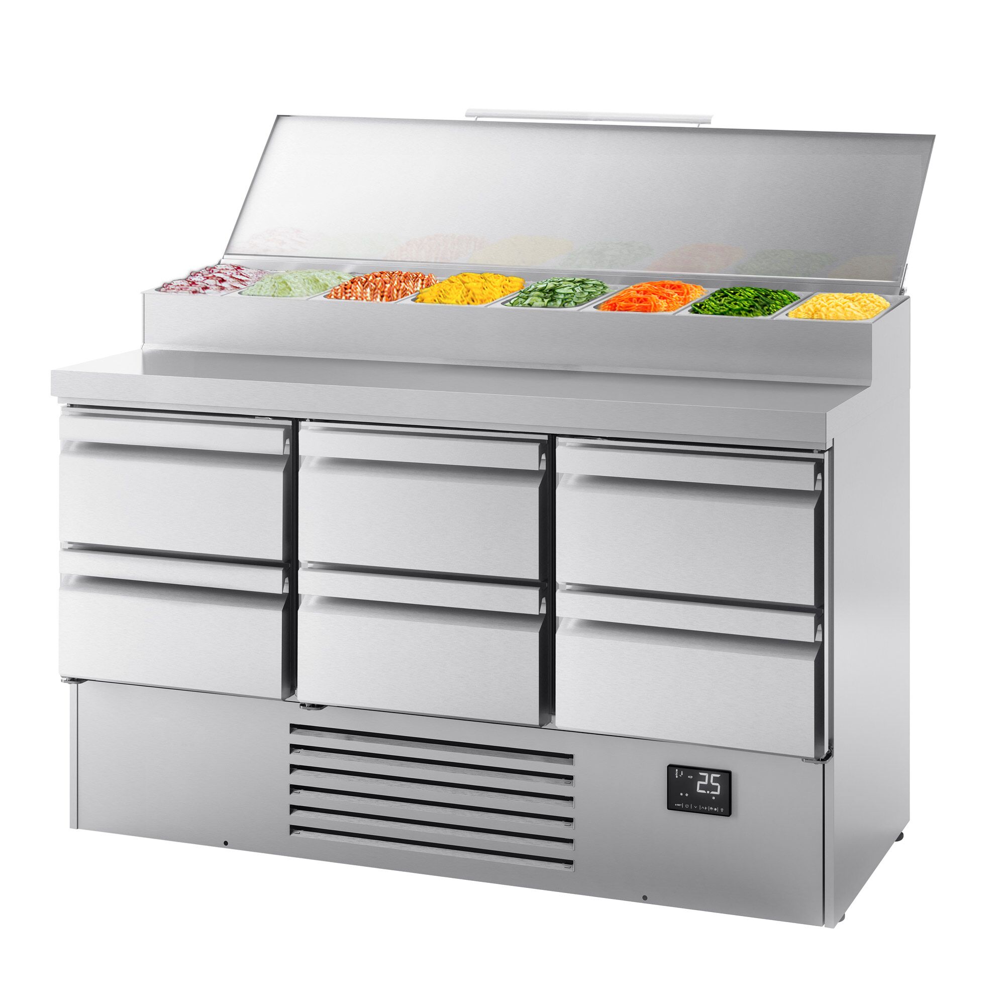 Table réfrigérée de préparation Mini - 1460 x 700 mm - avec 6 tiroirs - avec superstructure en inox 8 x GN 1/4