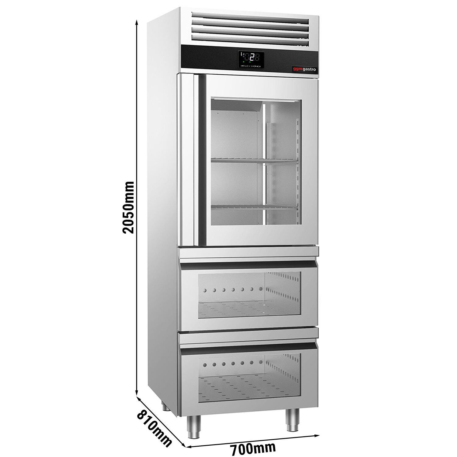 Armoire réfrigérée vitrée positive Inox AISI 304 PREMIUM - GN 2/1 - 700 L - avec 1 porte vitrée & 2 tiroirs & Glissières GN & 2 grilles GN 2/1
