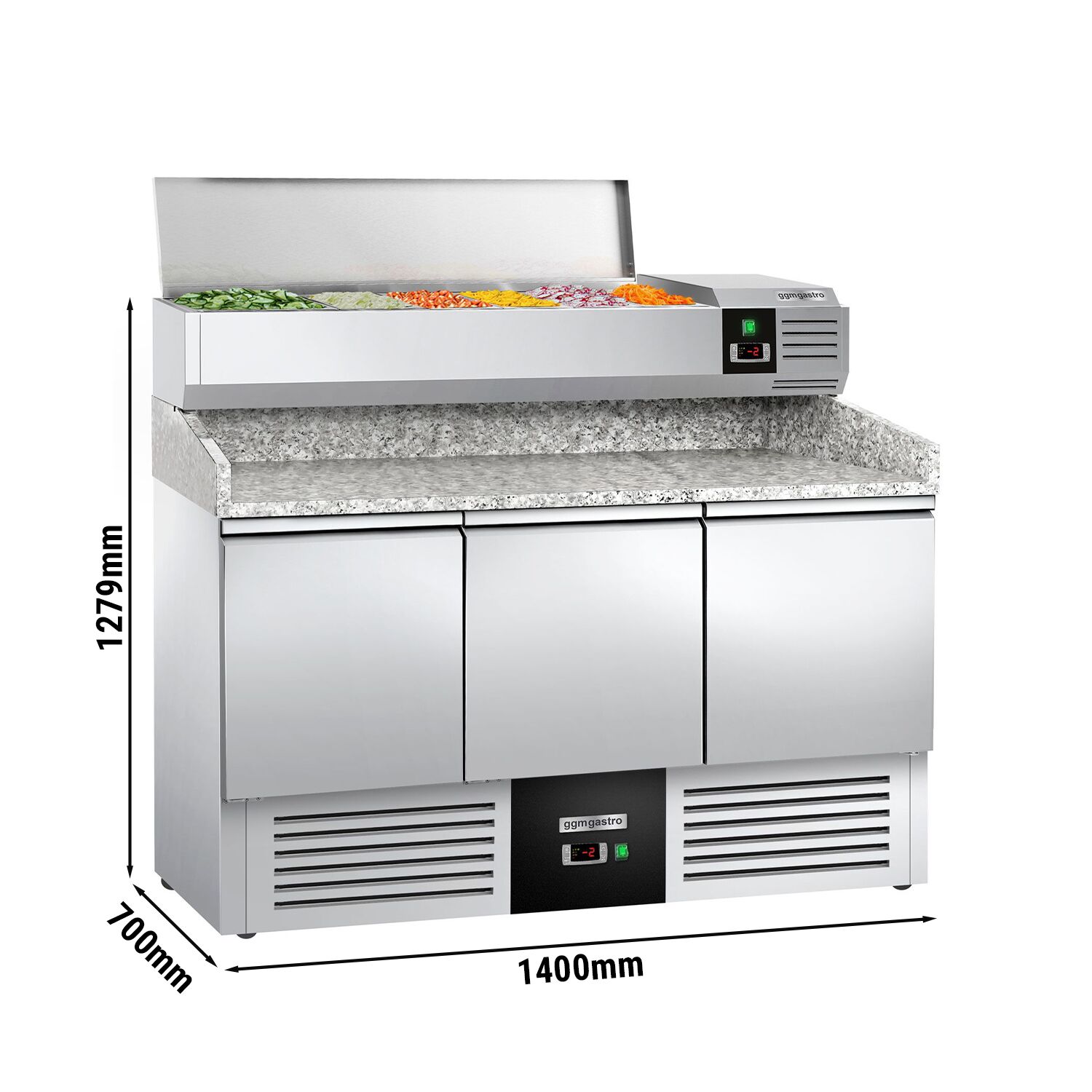 Banco pizza refrigerato PREMIUM - 1400x700mm - con 3 porte - piano in granito - con vetrina ingredienti refrigerata superiore - 6x GN 1/4