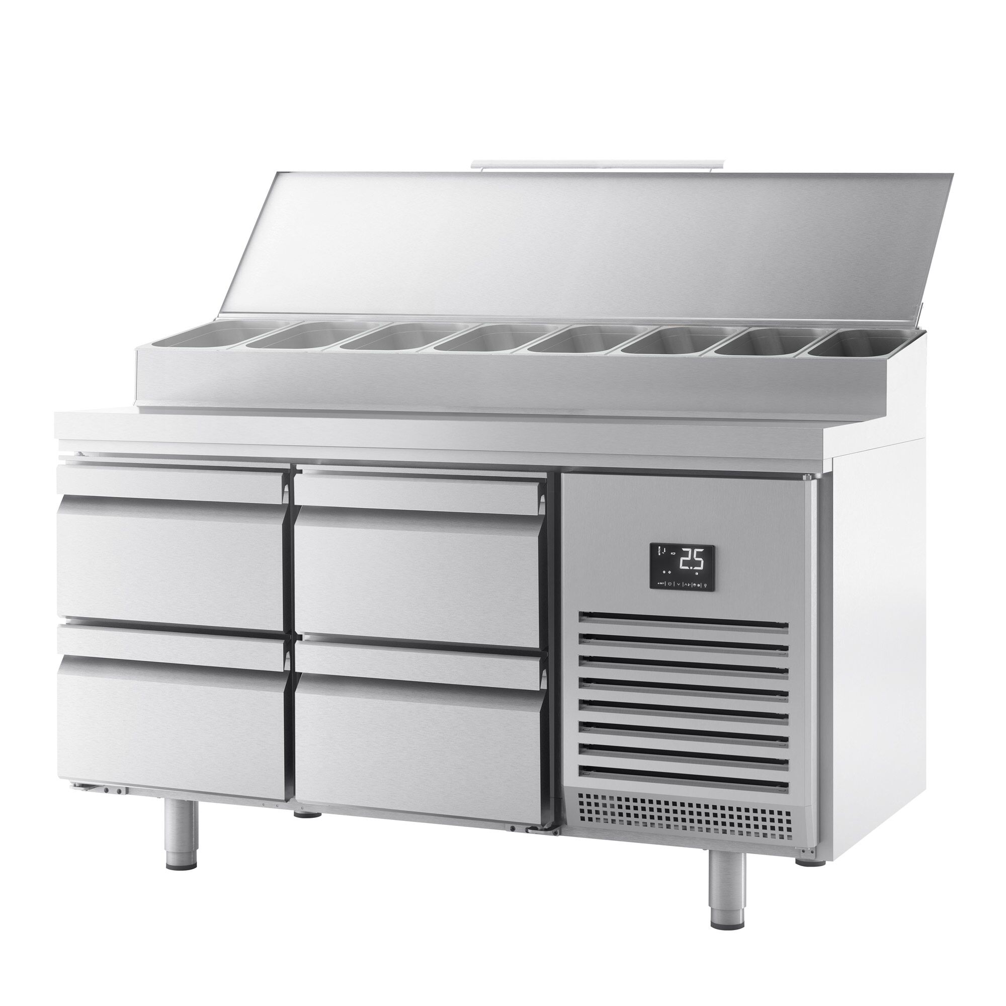 Table réfrigérée de préparation - 1468 x 600 mm - avec 4 tiroirs - avec superstructure en inox 8 x GN 1/4