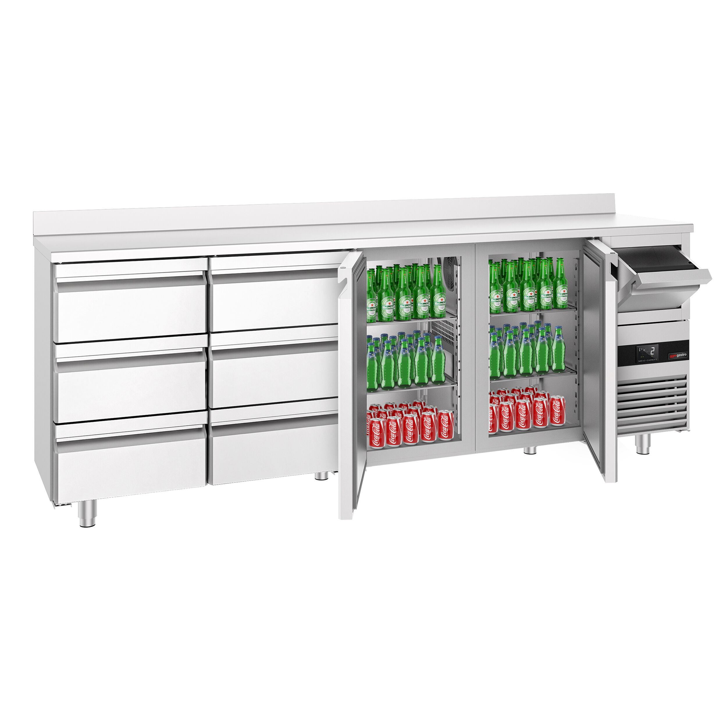 Arrière-bar réfrigéré professionnel PREMIUM - 2690 x 600 mm - avec 2 portes et 6 tiroirs - avec dosseret - avec tiroir à marc de café
