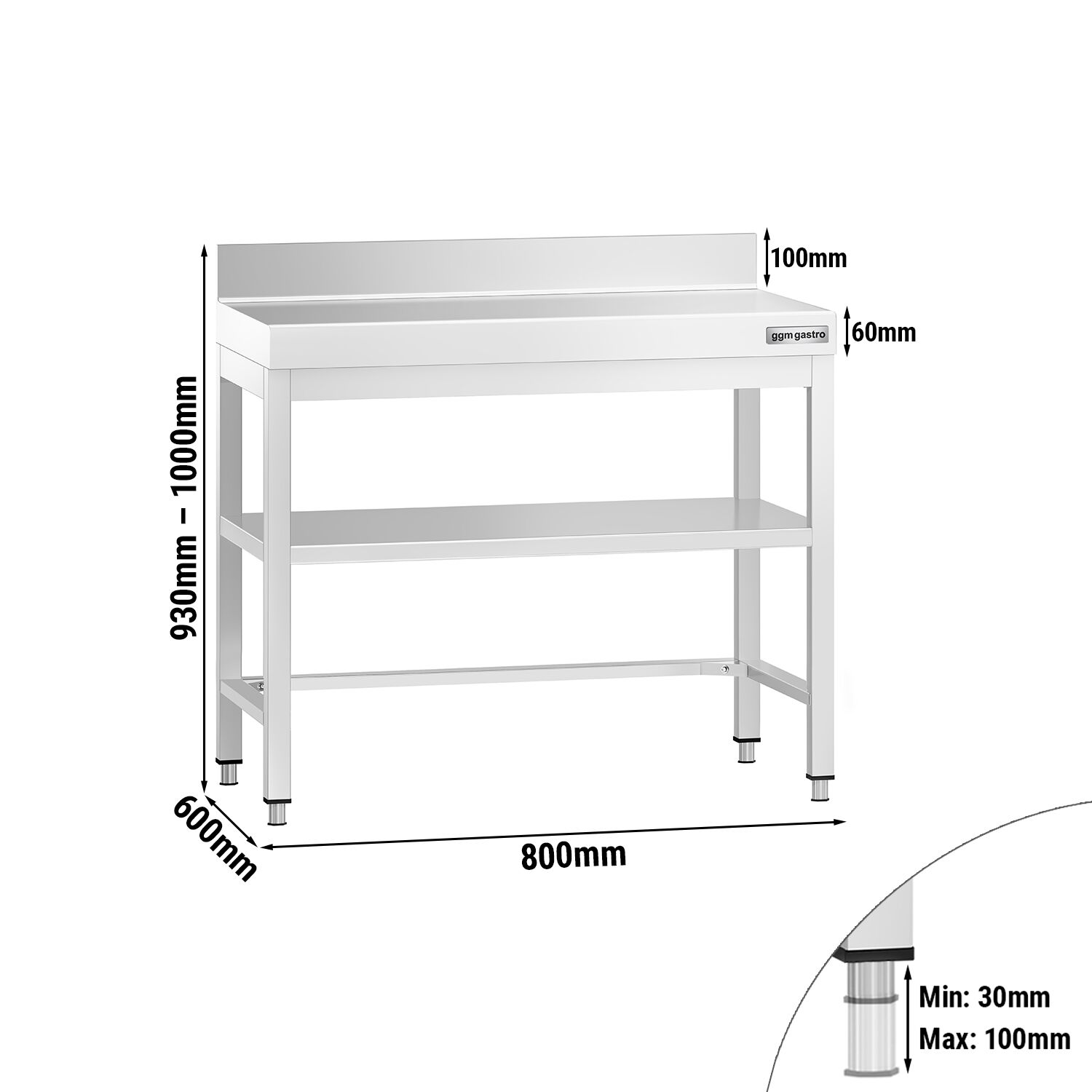 Table de travail en inox PREMIUM – 800x600 mm – avec tablette inférieure, dosseret et renforts