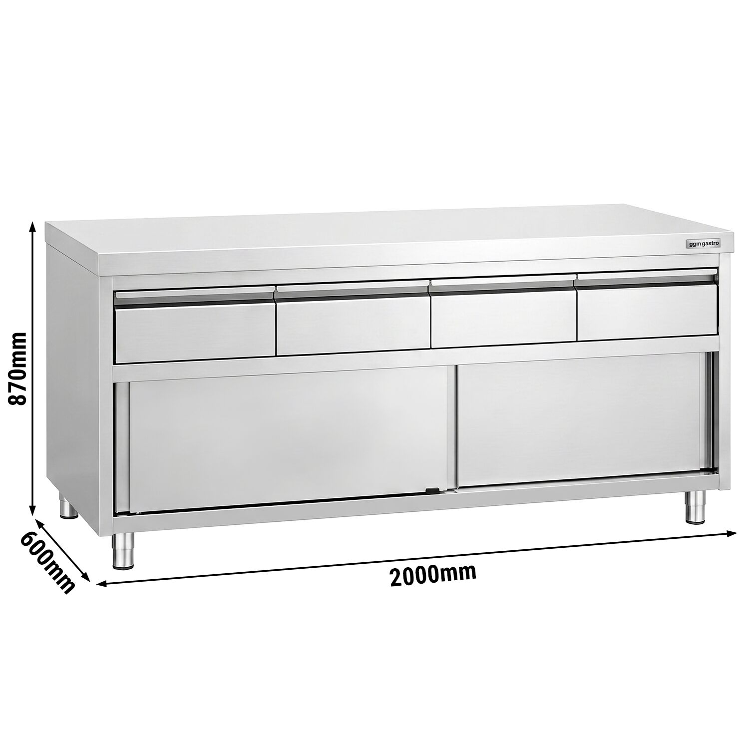 Armoire de travail en acier inoxydable PREMIUM - 2000 x 600 mm - avec 4 tiroirs et une porte coulissante