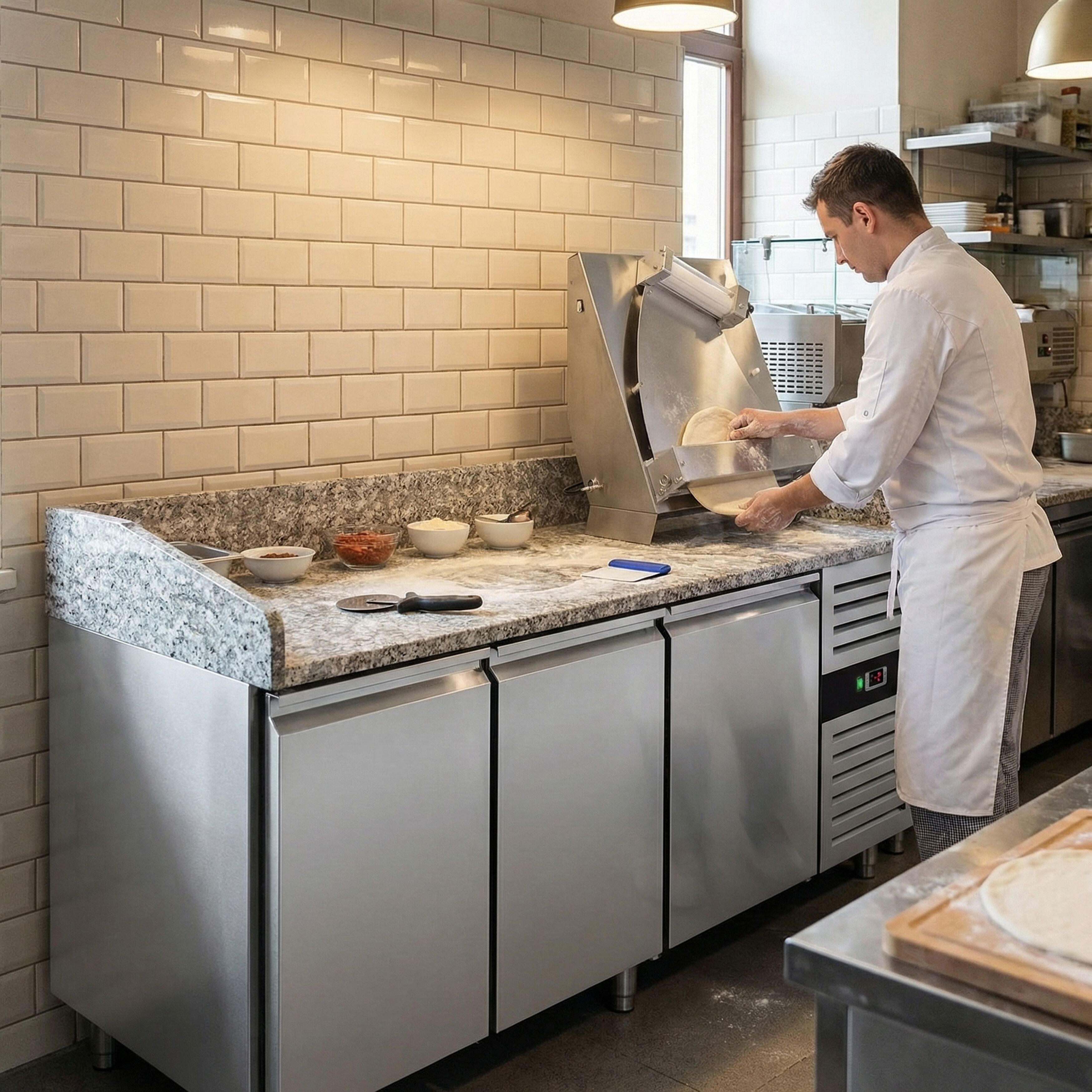 Masă frigorifică pentru preparare pizza ECO - cu blat din granit - 2025x800 mm - cu 3 uși