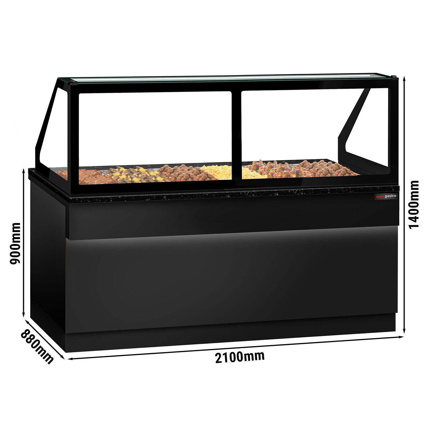 Vitrine chauffante TORONTO – 2100 mm – façade noire – pour 6 × GN 1/1 – plan de travail en granit noir