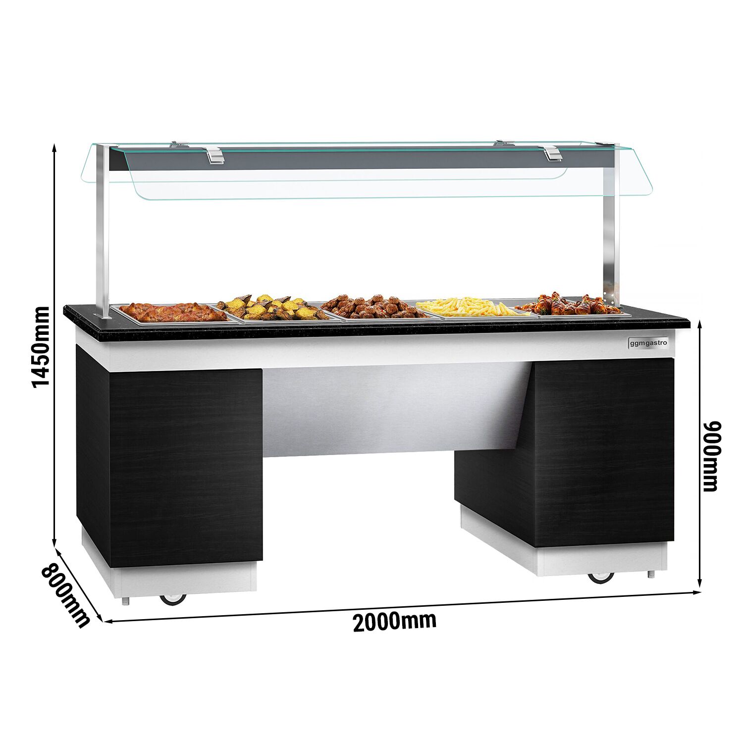 Buffet chaud DUBLIN - 2000mm - avec bain-marie - sur roulettes - pour 5x GN 1/1 - Noir