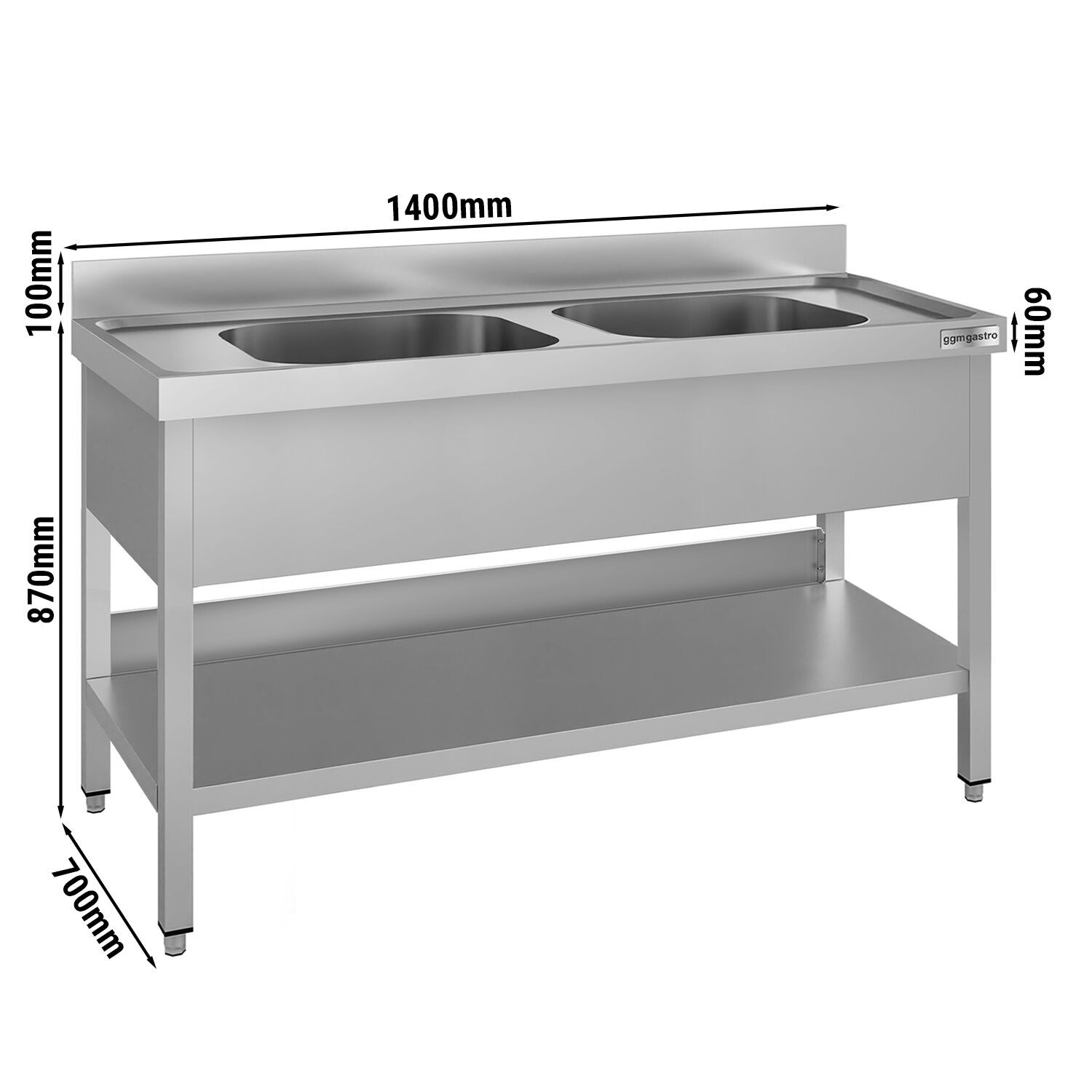 Plonge en inox ECO - 1400x700mm - avec étagère basse - 2 bacs au centre