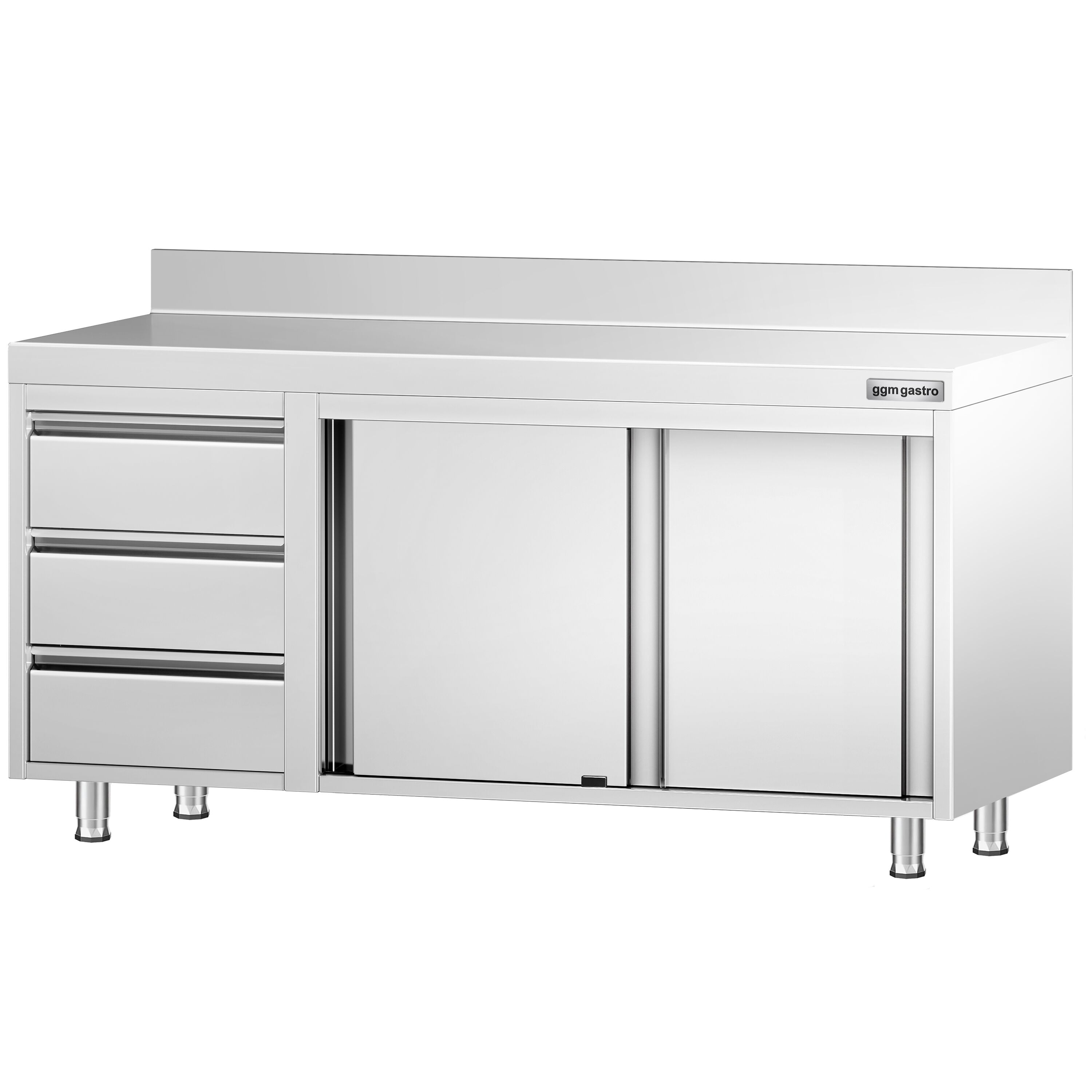 Table armoire en acier inoxydable PREMIUM - 1600x700mm - avec 3 tiroirs à gauche et portes coulissantes - avec dosseret