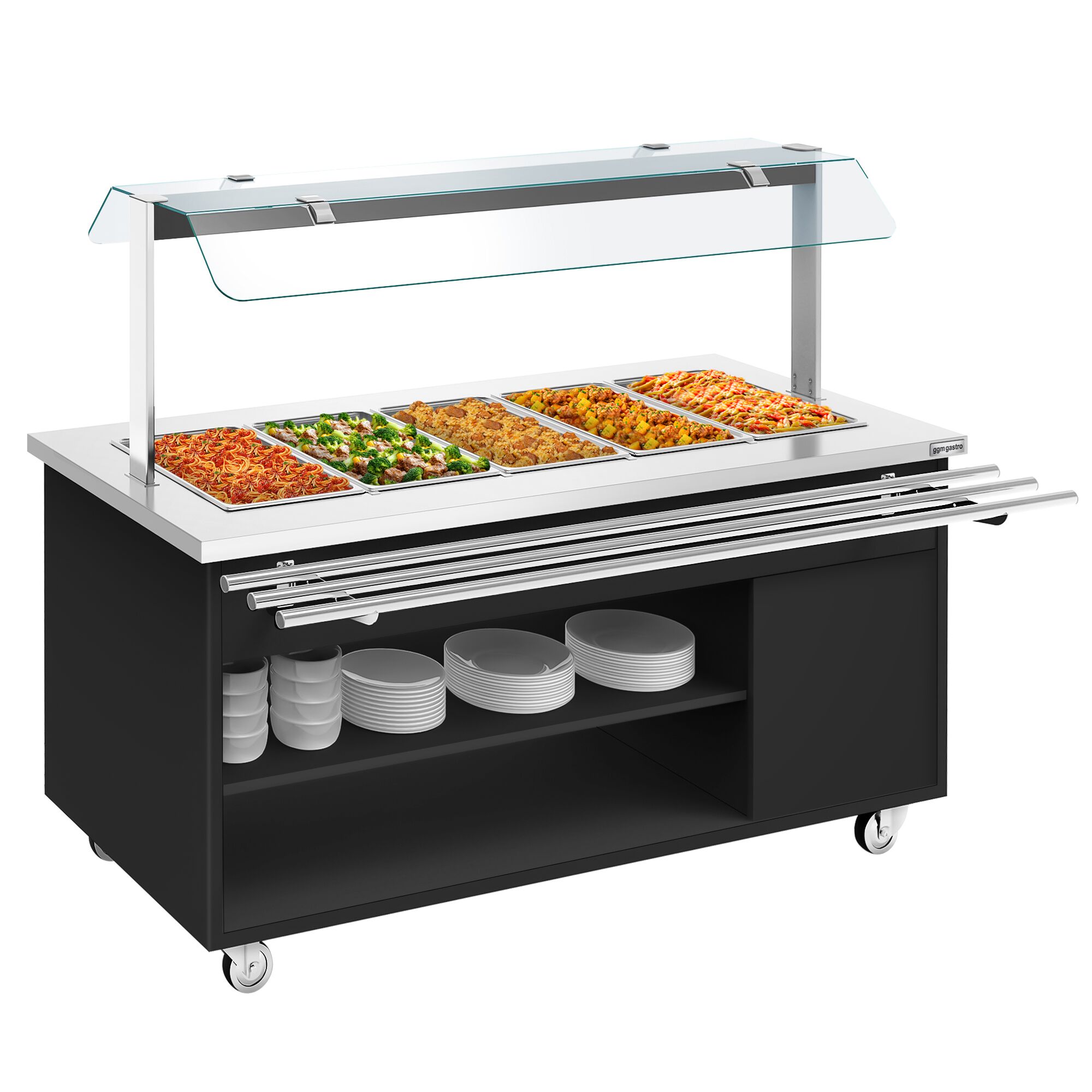 Buffet chaud DANZIG - 1900mm - 5 bacs GN 1/1 - avec Glissière pour plateaux - Noir