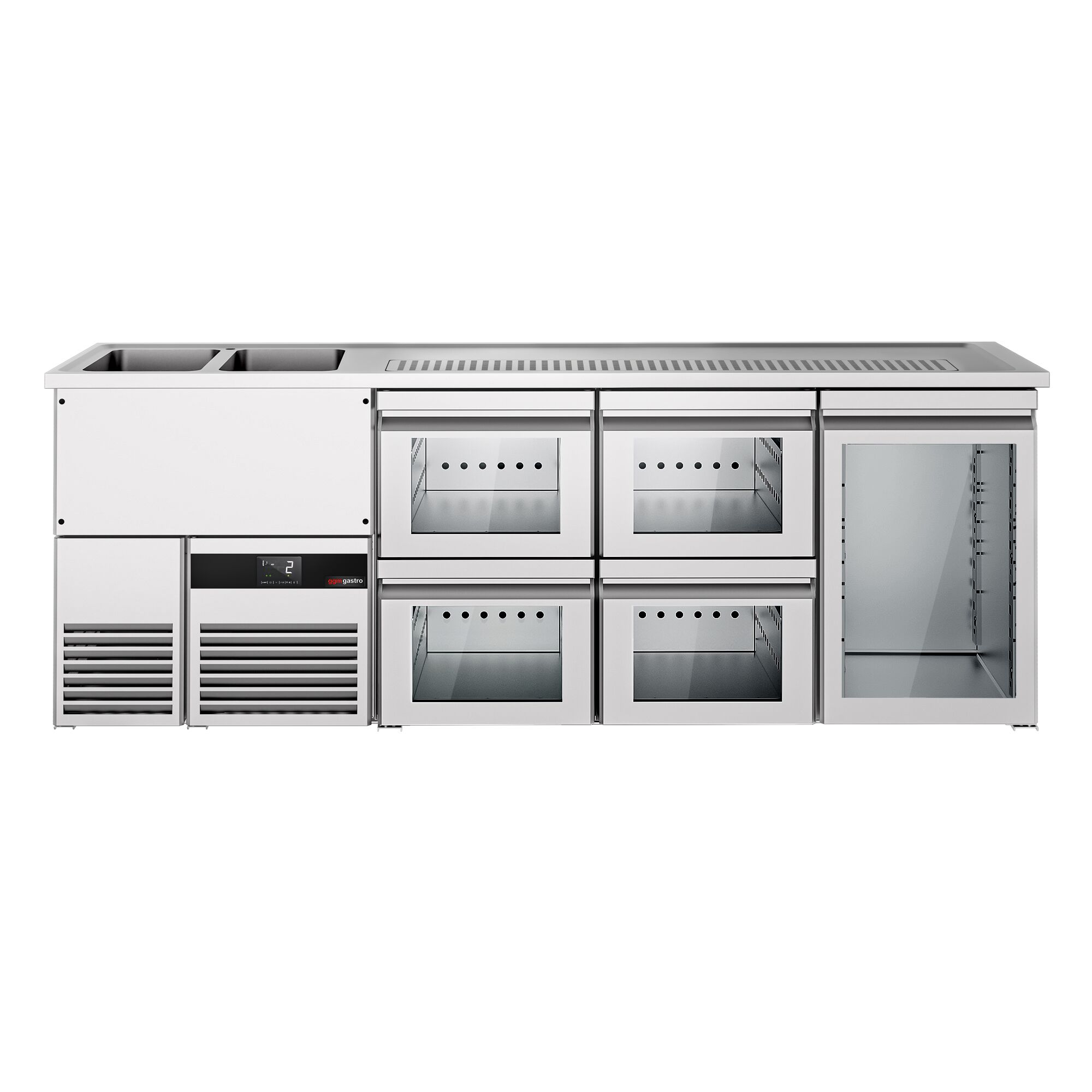 Comptoir de bar réfrigéré PREMIUM - 2500x700mm - 1 porte vitrée & 4 tiroirs en verre