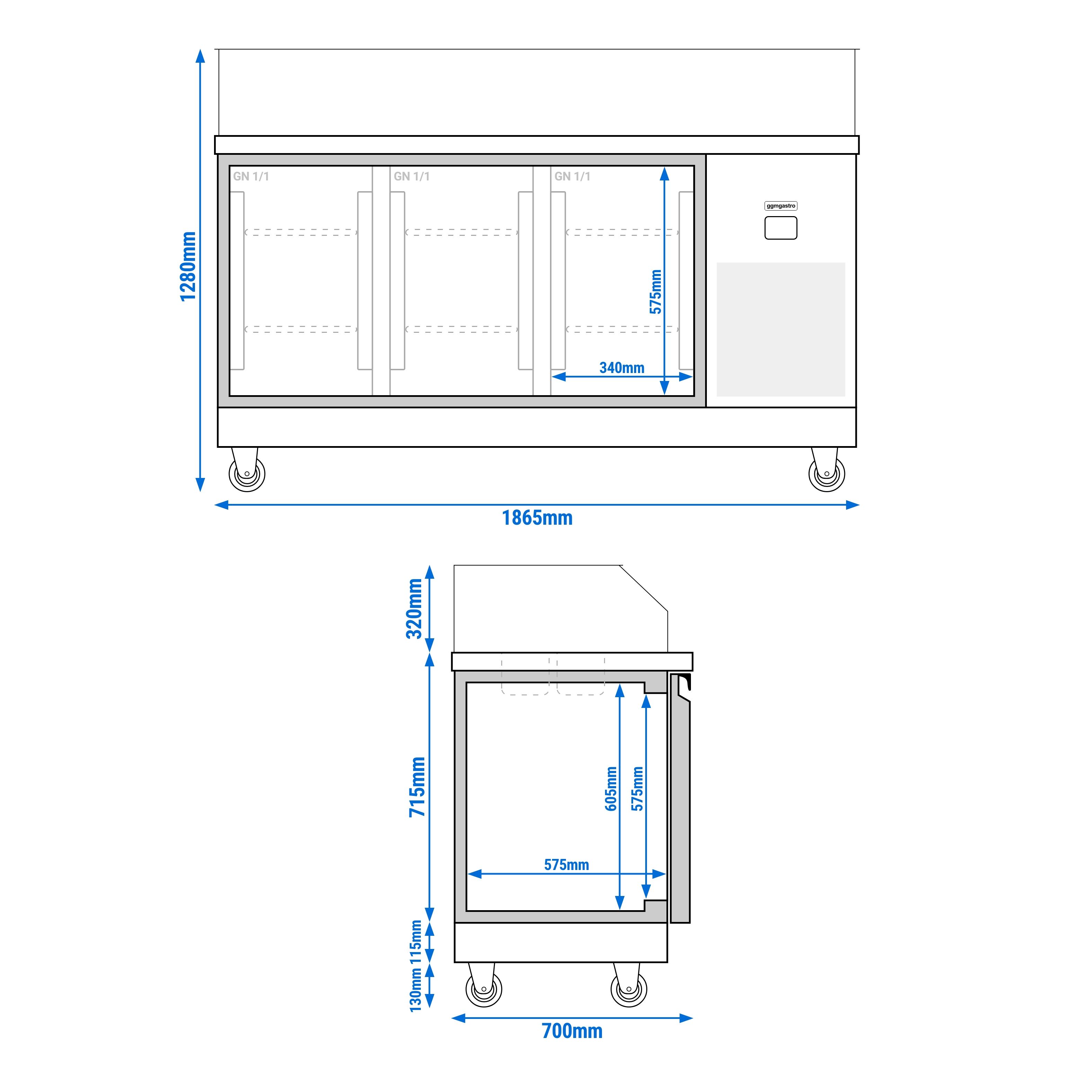 Saladette réfrigérée PREMIUM - 1865mm - 3 portes - avec vitrine de comptoir pour 8x GN 1/6