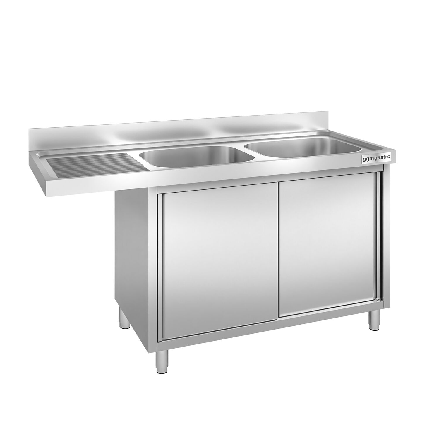 Plonge inox professionnelle PREMIUM - 1600x600mm - 2 bacs à droite - avec égouttoir à gauche