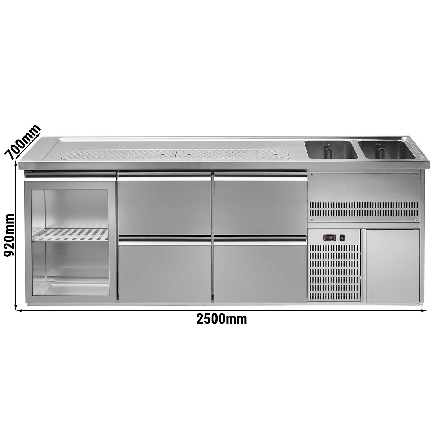 Comptoir de bar réfrigéré Premium PLUS - 2500x700mm - 1 porte vitrée & 4 tiroirs	