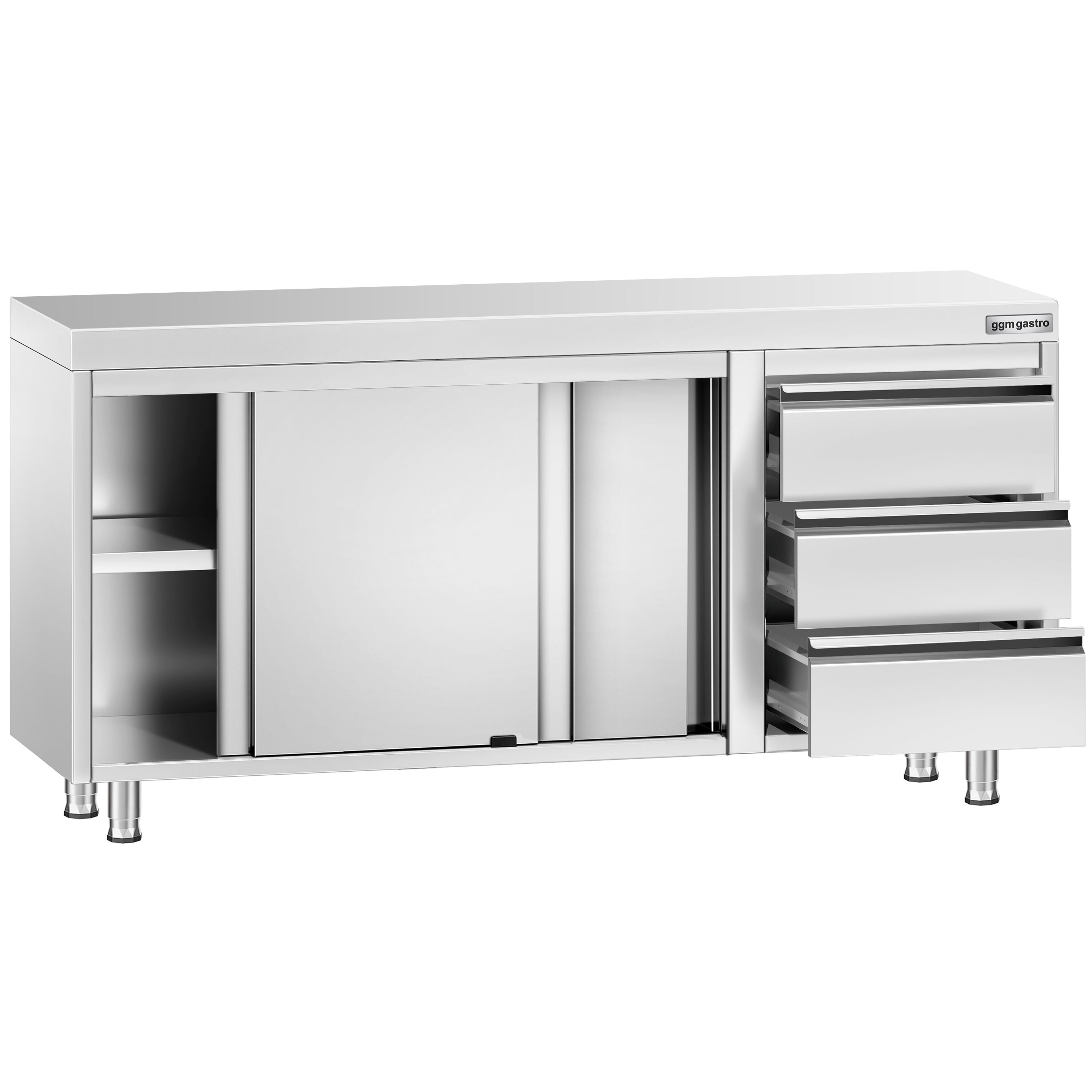 Table armoire en acier inoxydable PREMIUM - 1600x600mm - avec portes coulissantes et 3 tiroirs à droite