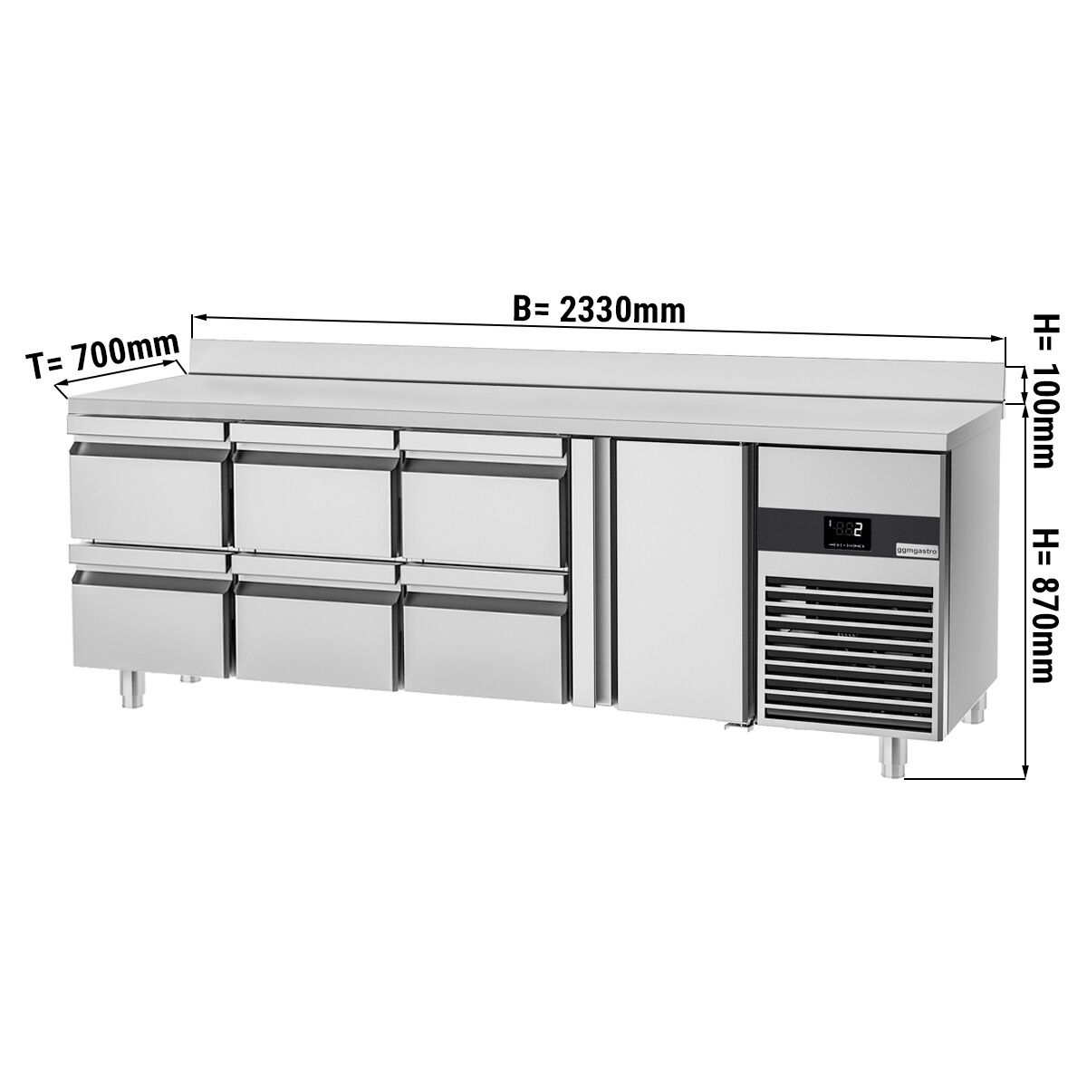 Commercial Refrigerated Worktable PREMIUM - 2330x700 - 1 Door - 6 Drawers - Upstand