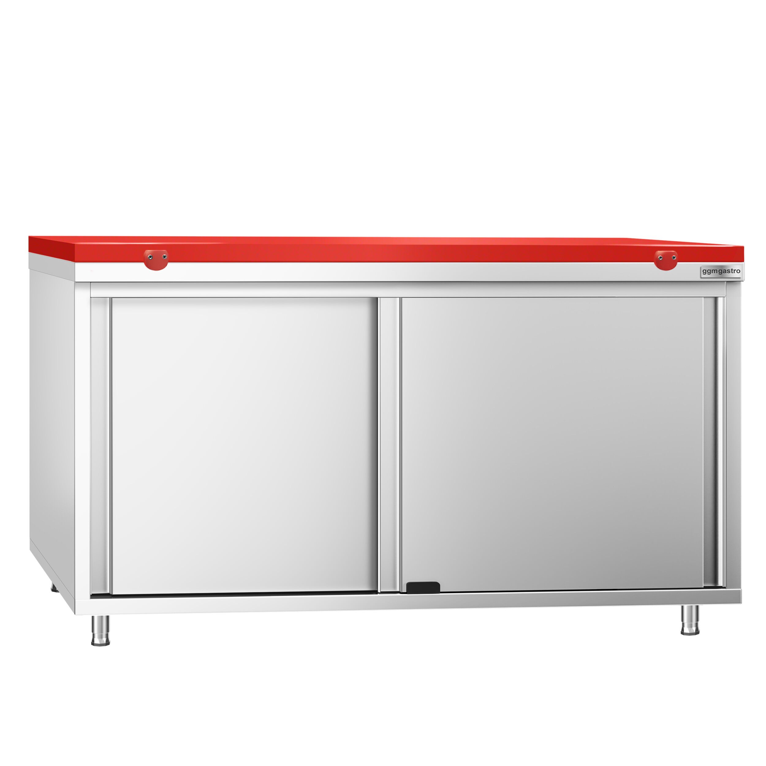 Table armoire en acier inoxydable PREMIUM - 1600x600mm - avec portes coulissantes - incl. plateau de découpe Rouge PEHD (HACCP) - pour viande crue