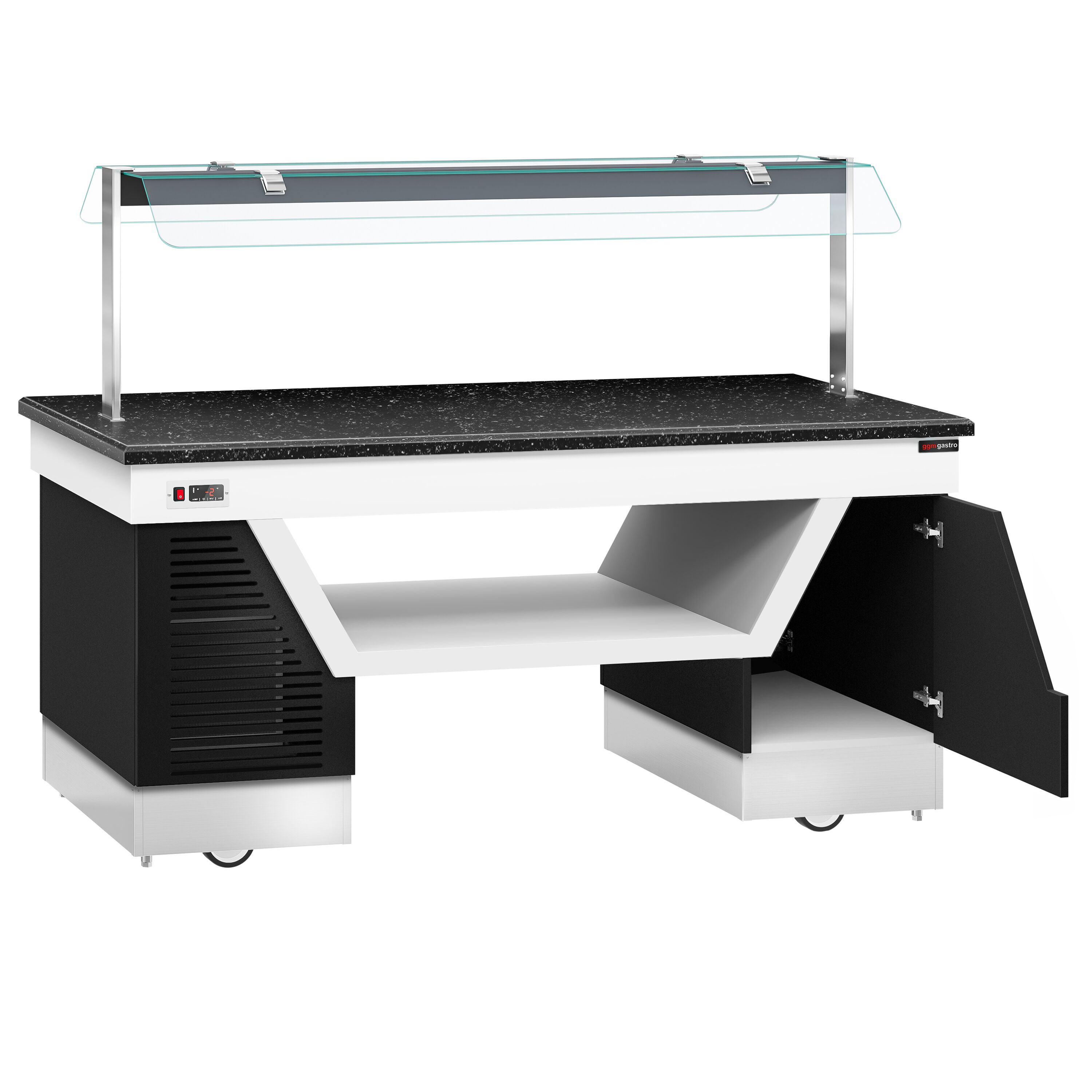 Refrigerated Salad Bar BELFAST - 2000mm - with Refrigerated Frost Top + Flat Glass Sneeze Guard - on Castors - Black