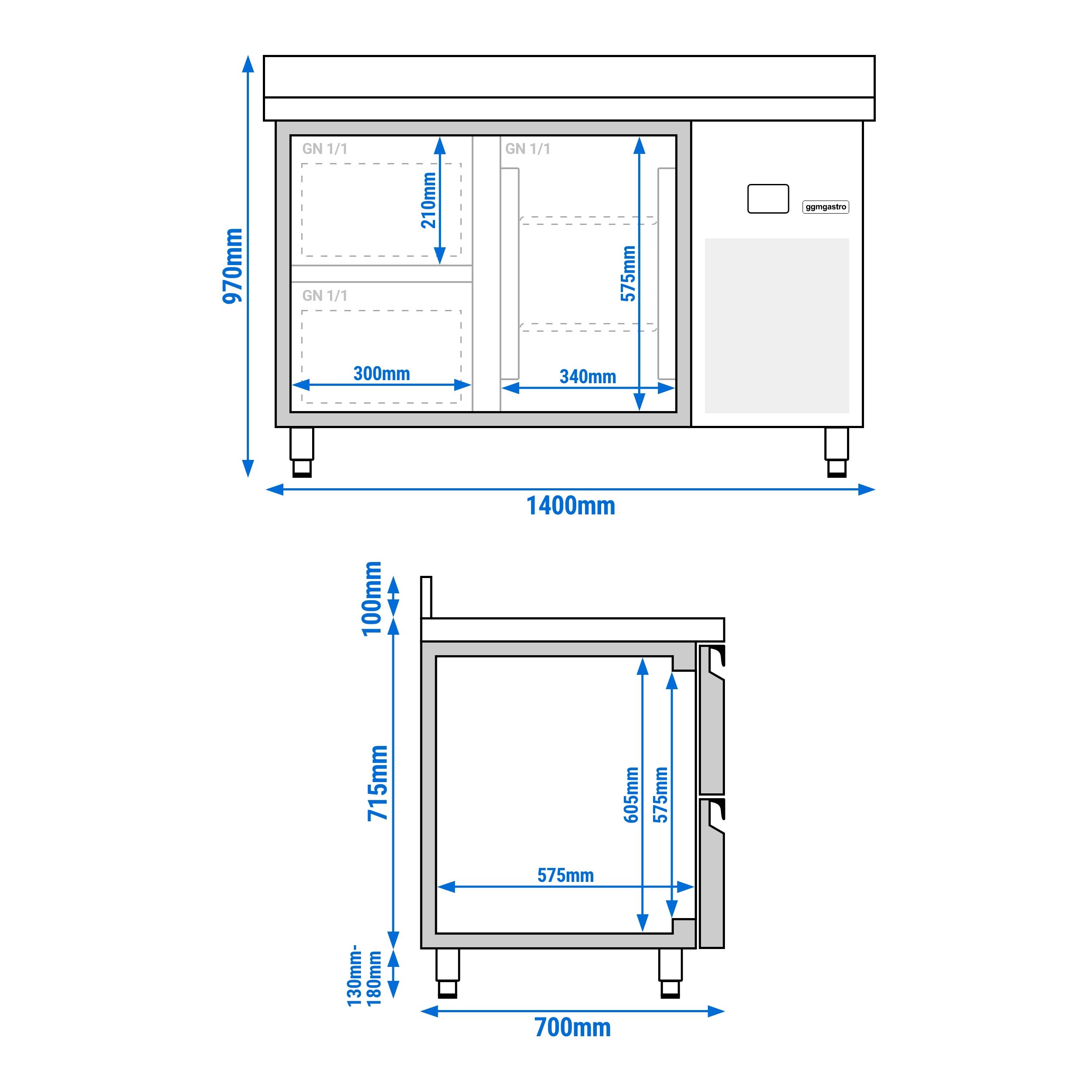 Table réfrigérée PREMIUM - 1400x700 mm - avec 1 porte - 2 tiroirs - avec dosseret