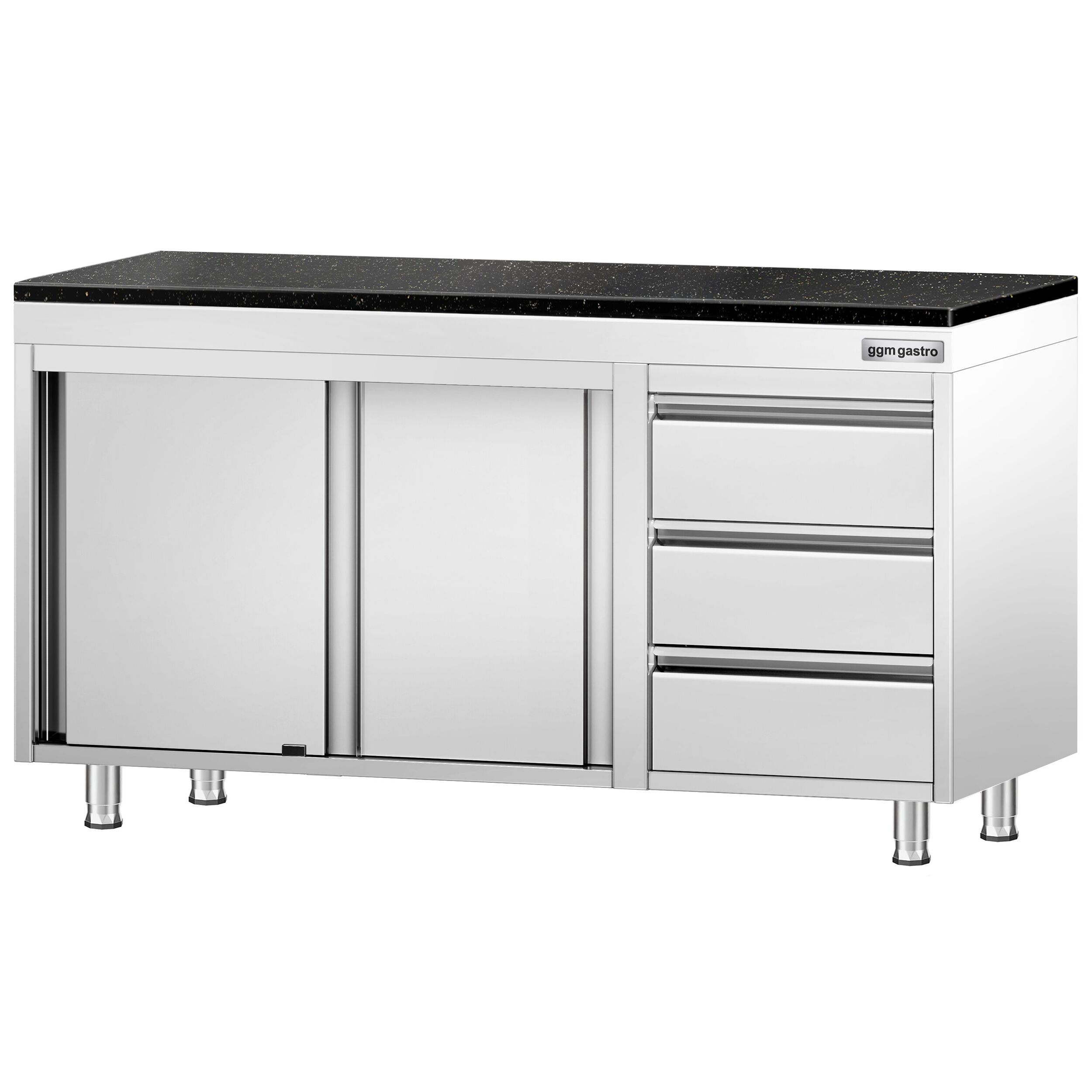 Edelstahl Arbeitsschrank PREMIUM - 1400x600mm - mit 3 Schubladen rechts - inkl. Granitarbeitsplatte