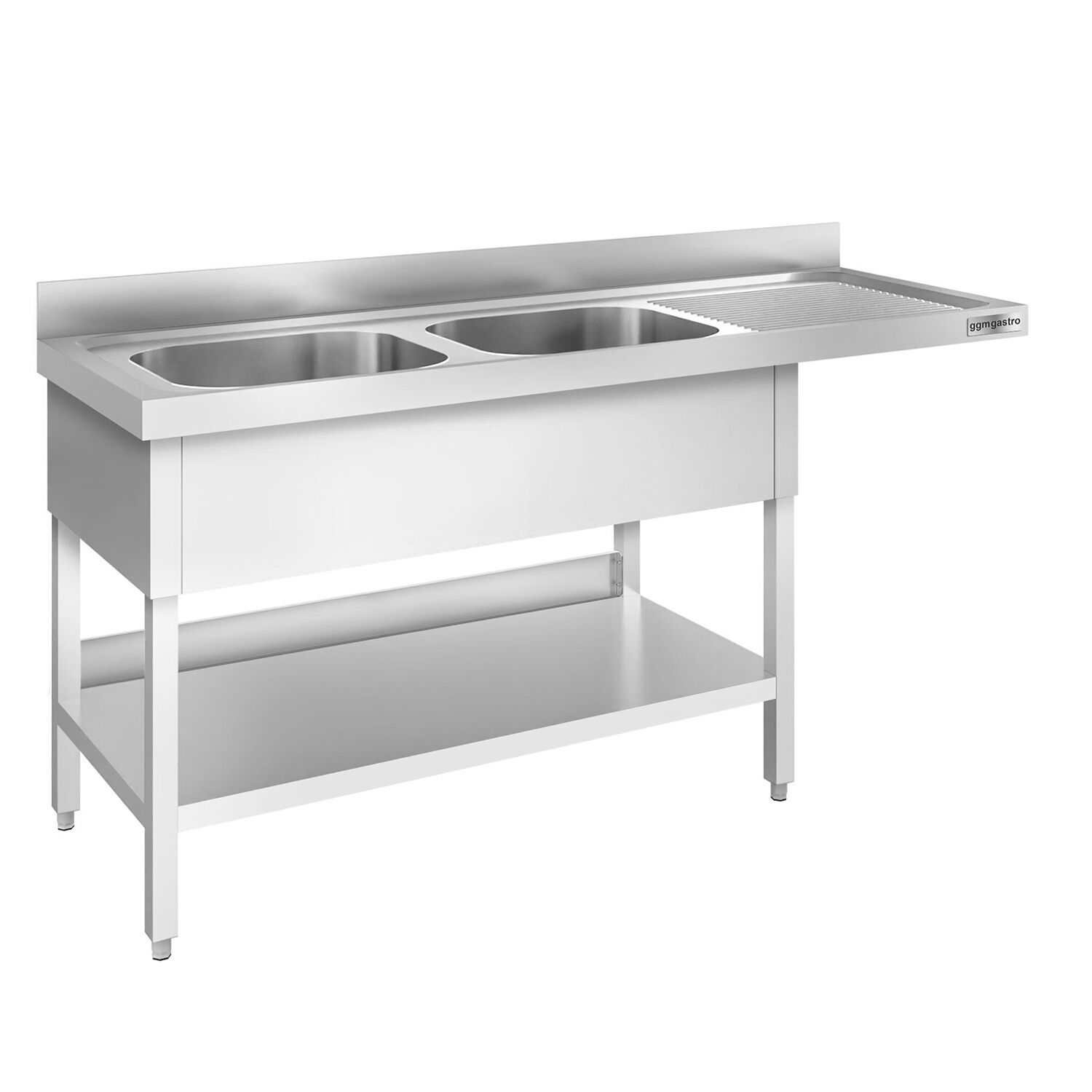 Plonge PREMIUM en acier inoxydable - 2000x600mm - 2 bacs - bac à gauche - avec espace lave-vaisselle - adossée/avec dosseret