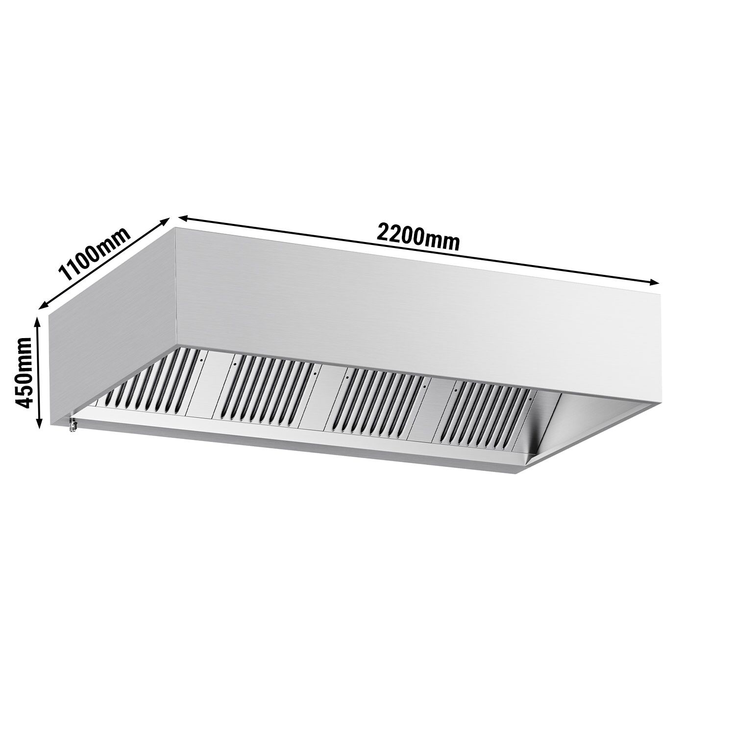 Hotte à adosser professionnelle - Profondeur 1100 - 2200mm - sans moteur - avec filtres et éclairage