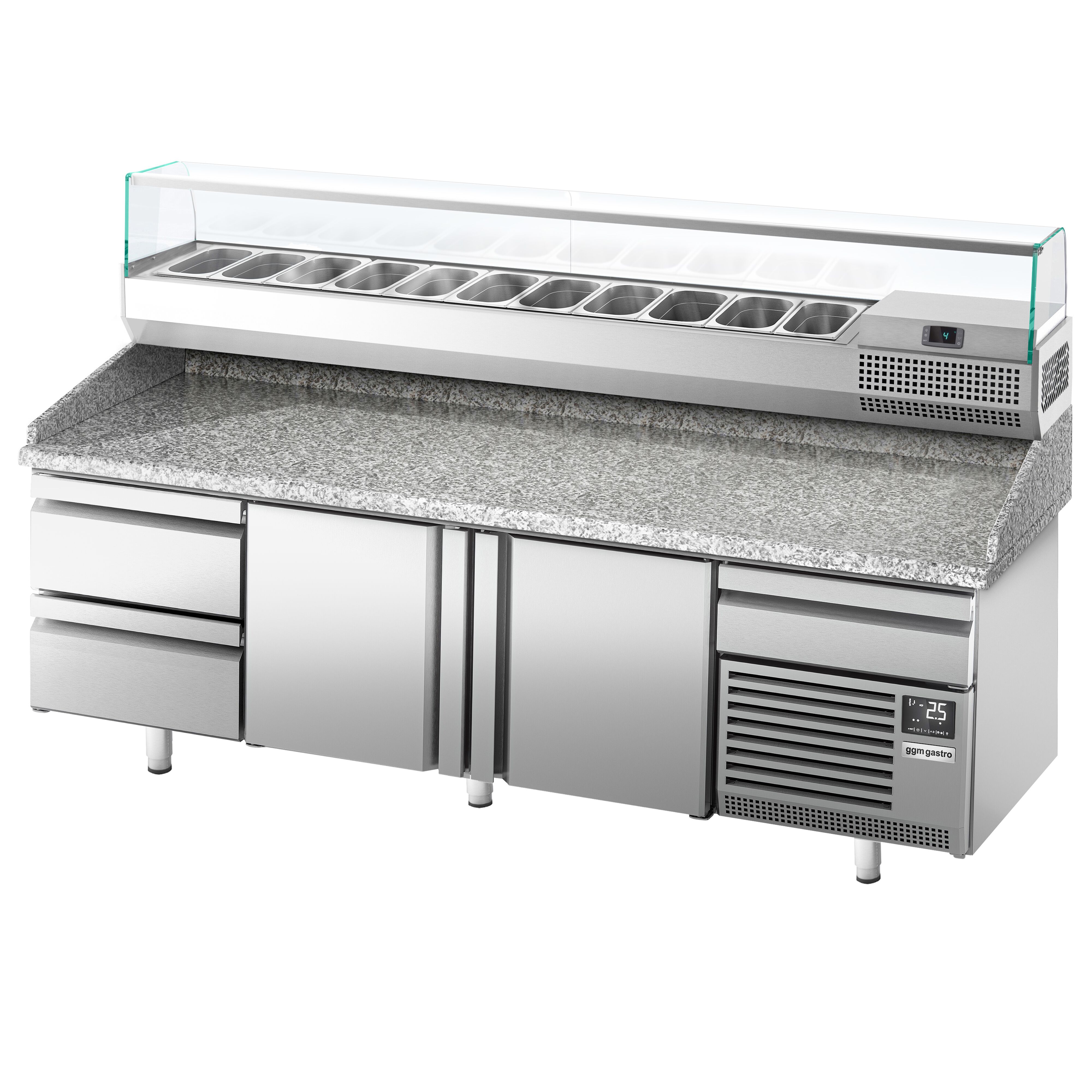 Table réfrigérée à pizza Premium PLUS - 2305x800 mm - avec 2 portes & 3 tiroirs - incl. vitrine réfrigérée pour ingrédients - 11x GN 1/4