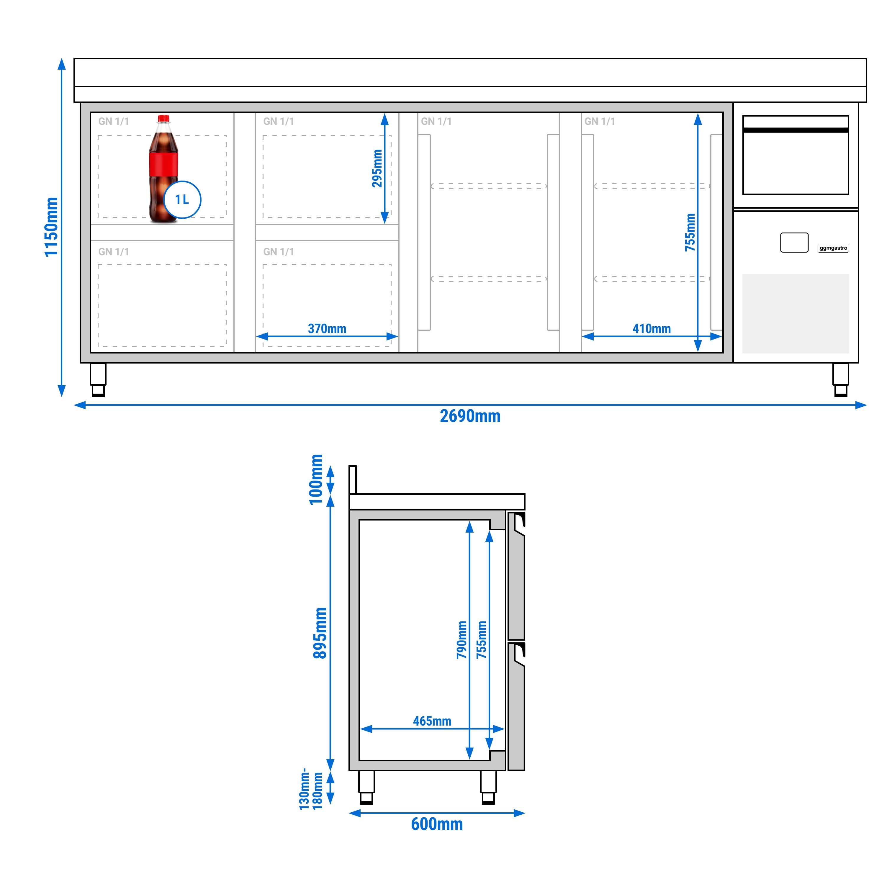 Arrière-bar réfrigéré professionnel  PREMIUM - 2690 x 600 mm - avec 2 portes et 4 tiroirs - avec dosseret - avec tiroir à marc de café