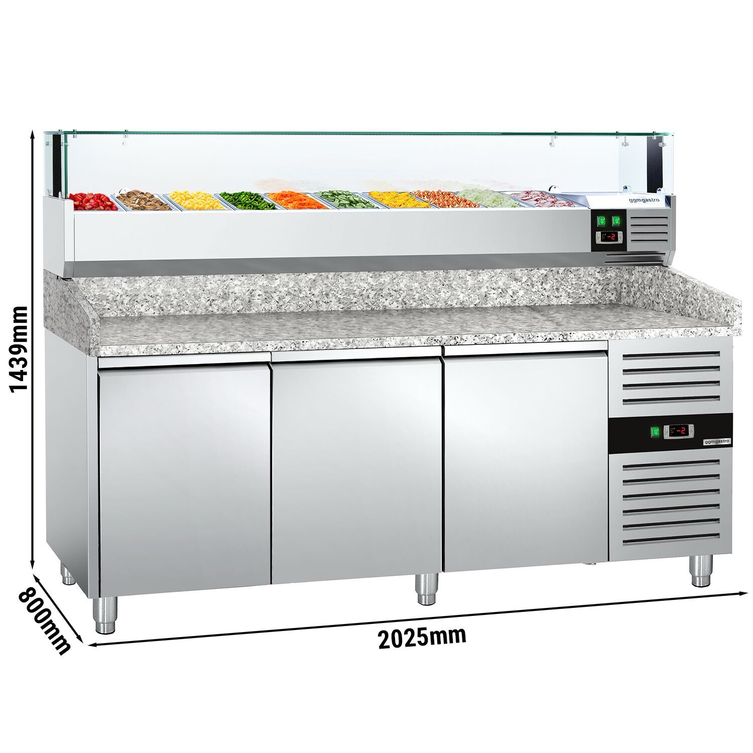 Table réfrigérée pour pizza PREMIUM - 2000 x 800 mm - avec 3 portes - incl. vitrine réfrigérée avec LED - 10 x GN 1/4