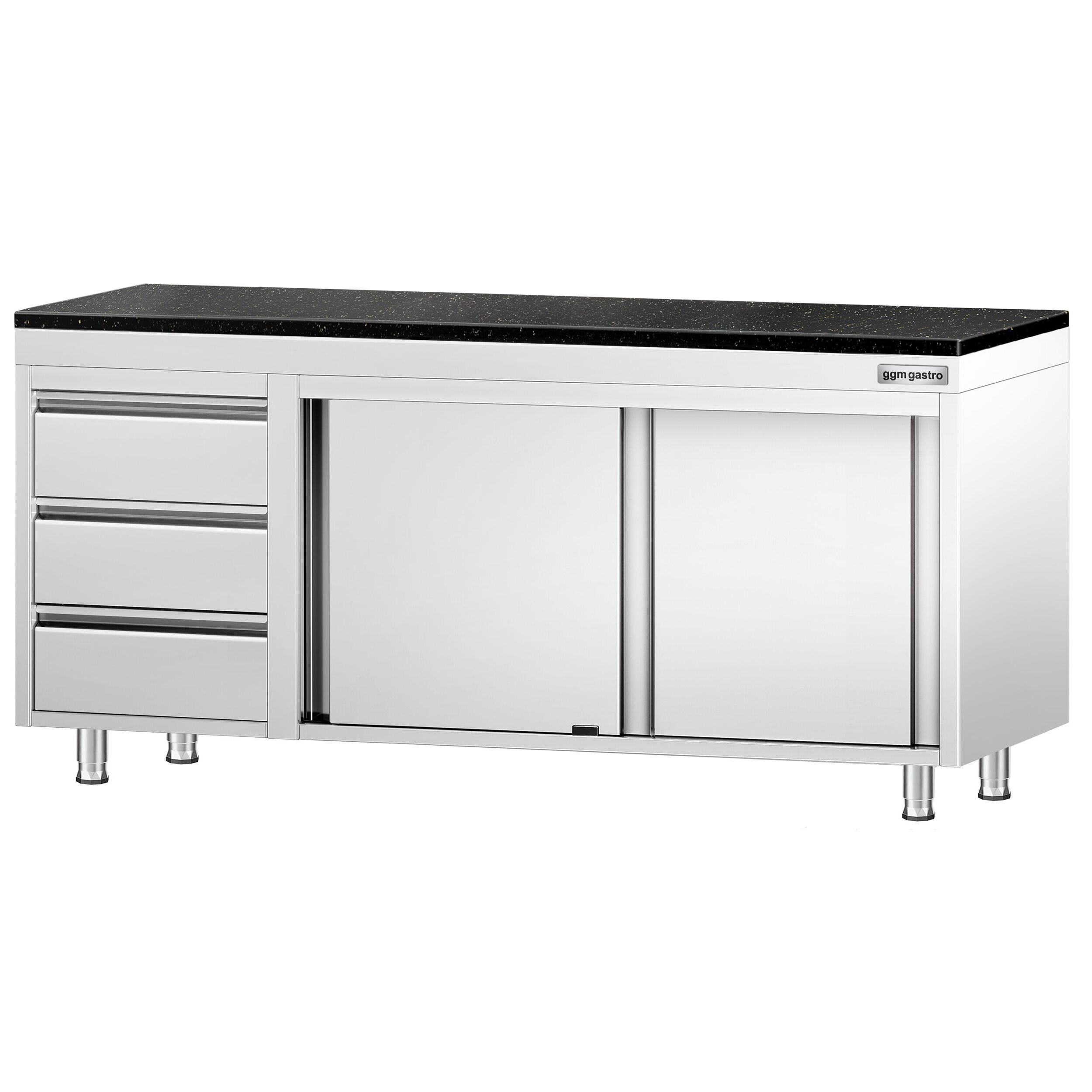 Roestvrijstalen werkkast PREMIUM - 2000 x 600 mm - met 3 lades links - incl. granieten werkblad