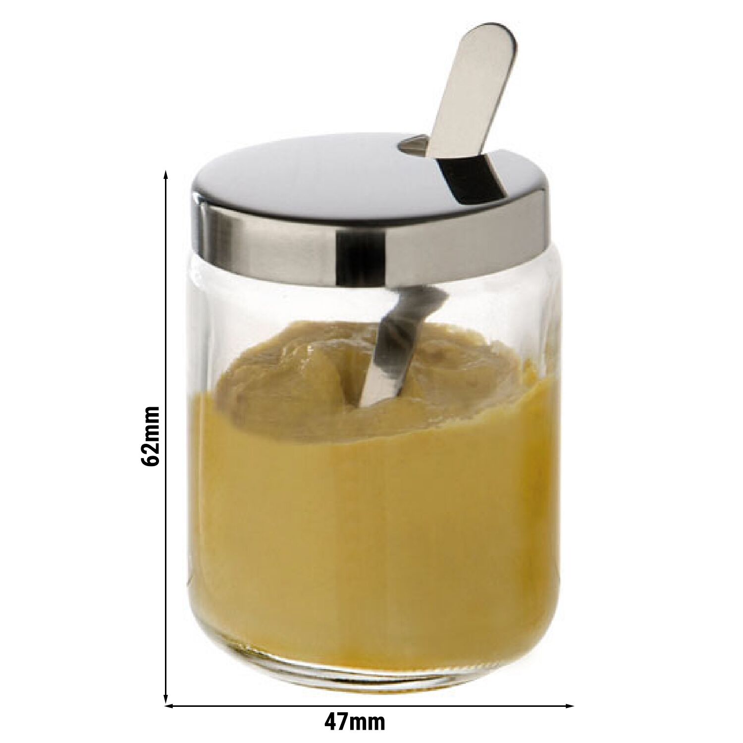 (6 pcs) Pots à moutarde avec couvercle et cuillère - 6 pièces - 700ml - Verre; Couvercle en acier inoxydable - compatible avec Lot de cruet 40457#6 et 40474#6