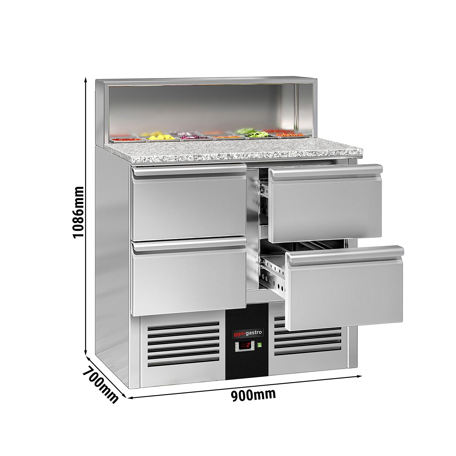 Saladette réfrigérée PREMIUM - 903mm - 240L - 4 tiroirs - pour 5x GN 1/6 - plan de travail en granit noir