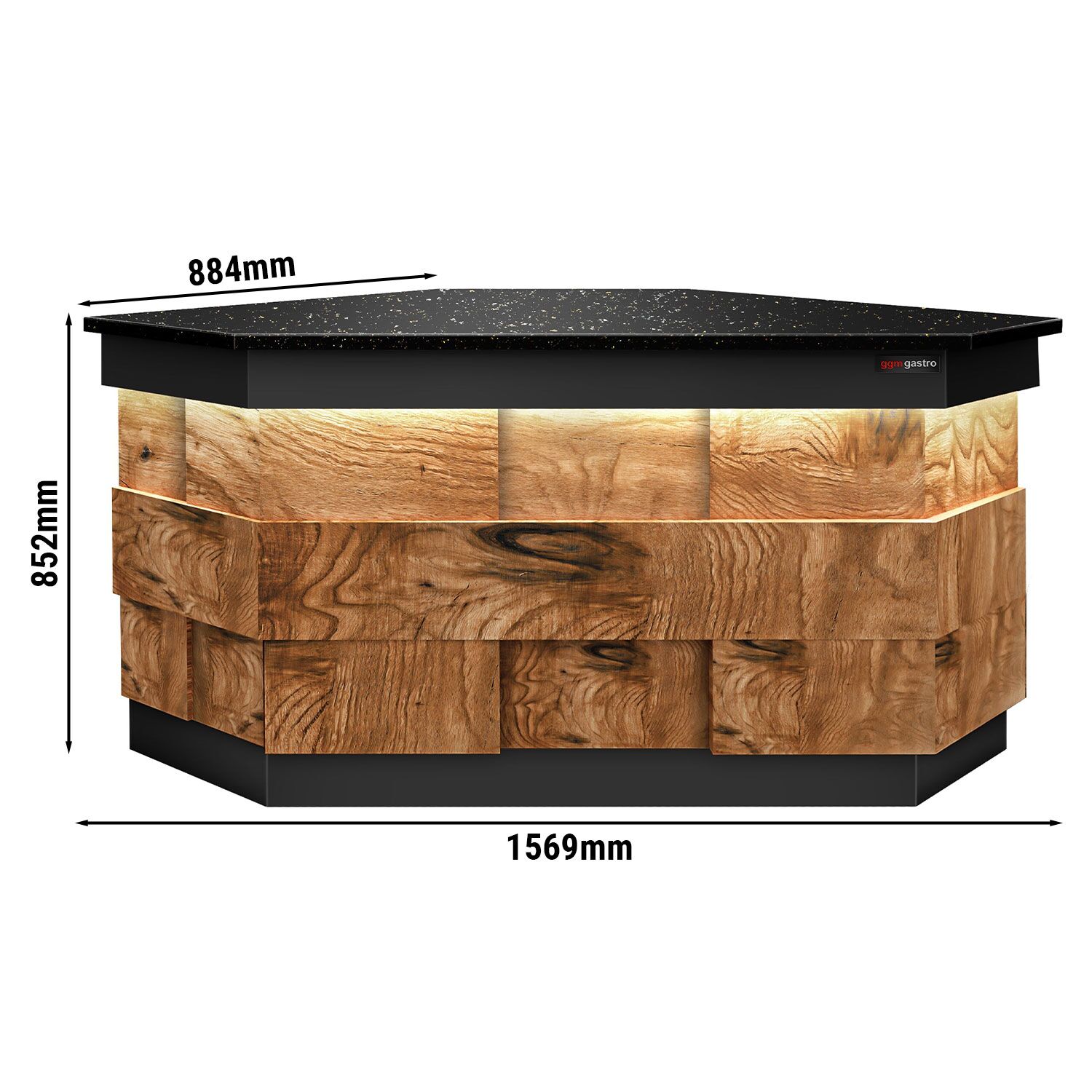 Table de caisse d’angle TORONTO – 1570 mm – façade en bois – plan de travail en granit Noir