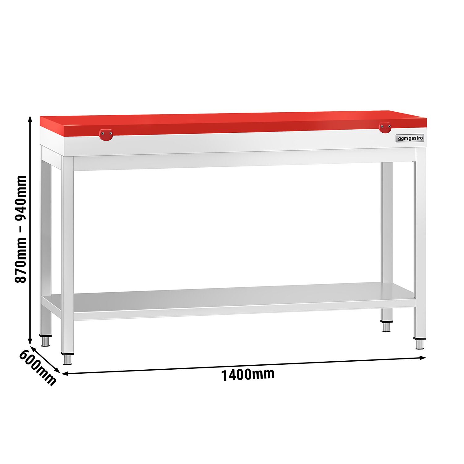 Table de travail inox PREMIUM - 1400 x 600 mm - avec tablette inférieure - incl. Planche à découper Rouge