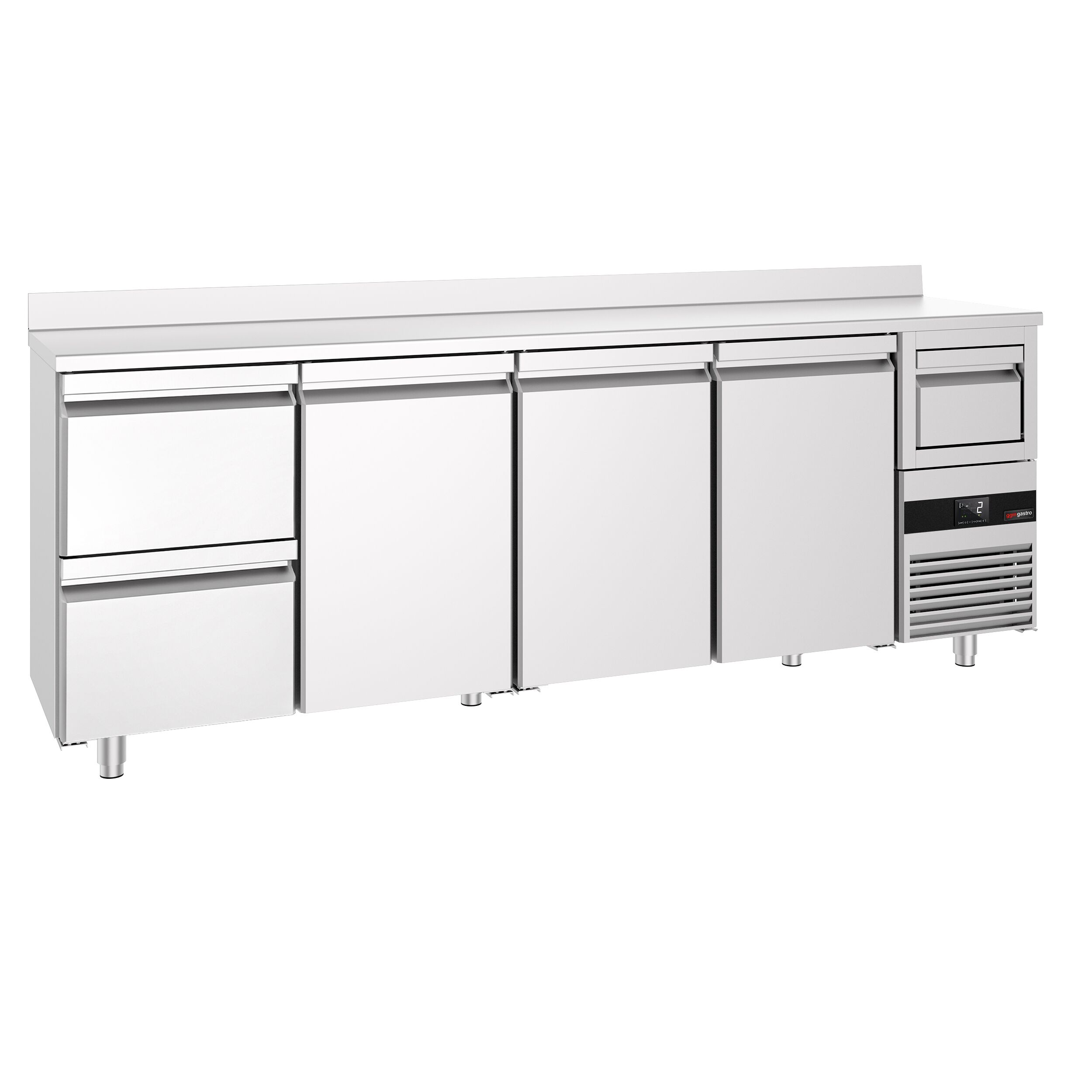 Arrière-bar réfrigéré professionnel  PREMIUM - 2690 x 600 mm - avec 3 portes et 2 tiroirs - avec dosseret - avec tiroir à marc de café