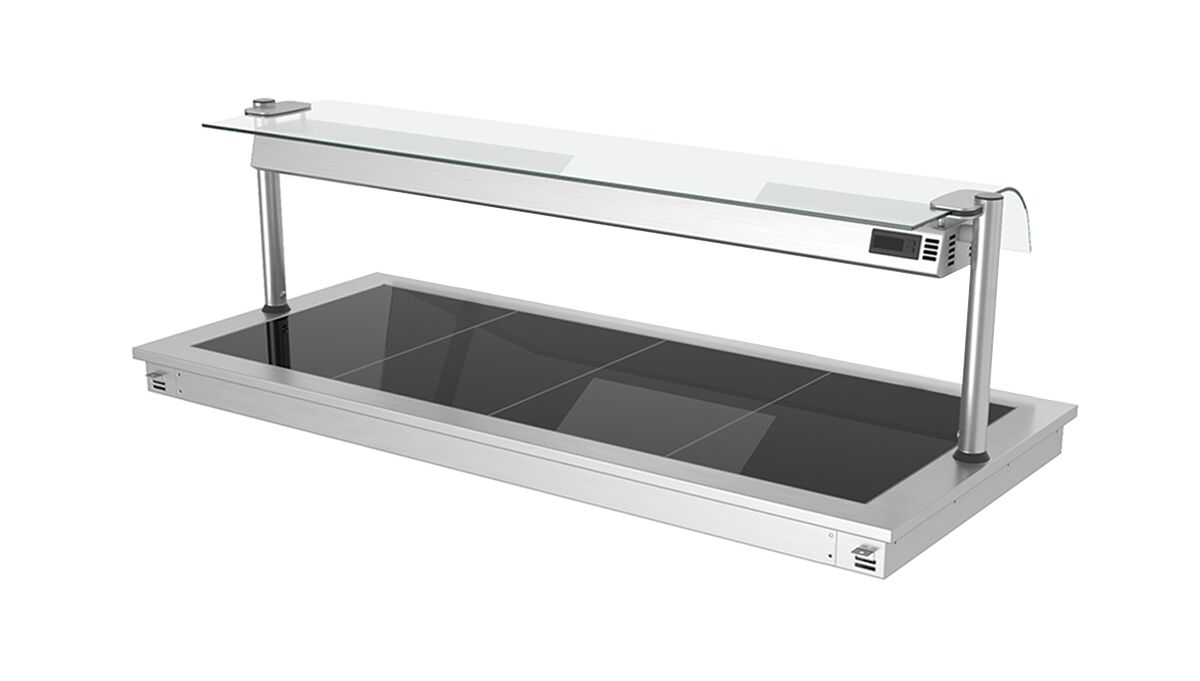 De embutir Mesa de buffet quente PROFISSIONAL com placa vitrocerâmica em aço inoxidável - 1500mm - 4x GN 1/1 - 1,8kW - com resguardo de vidro contra salpicos