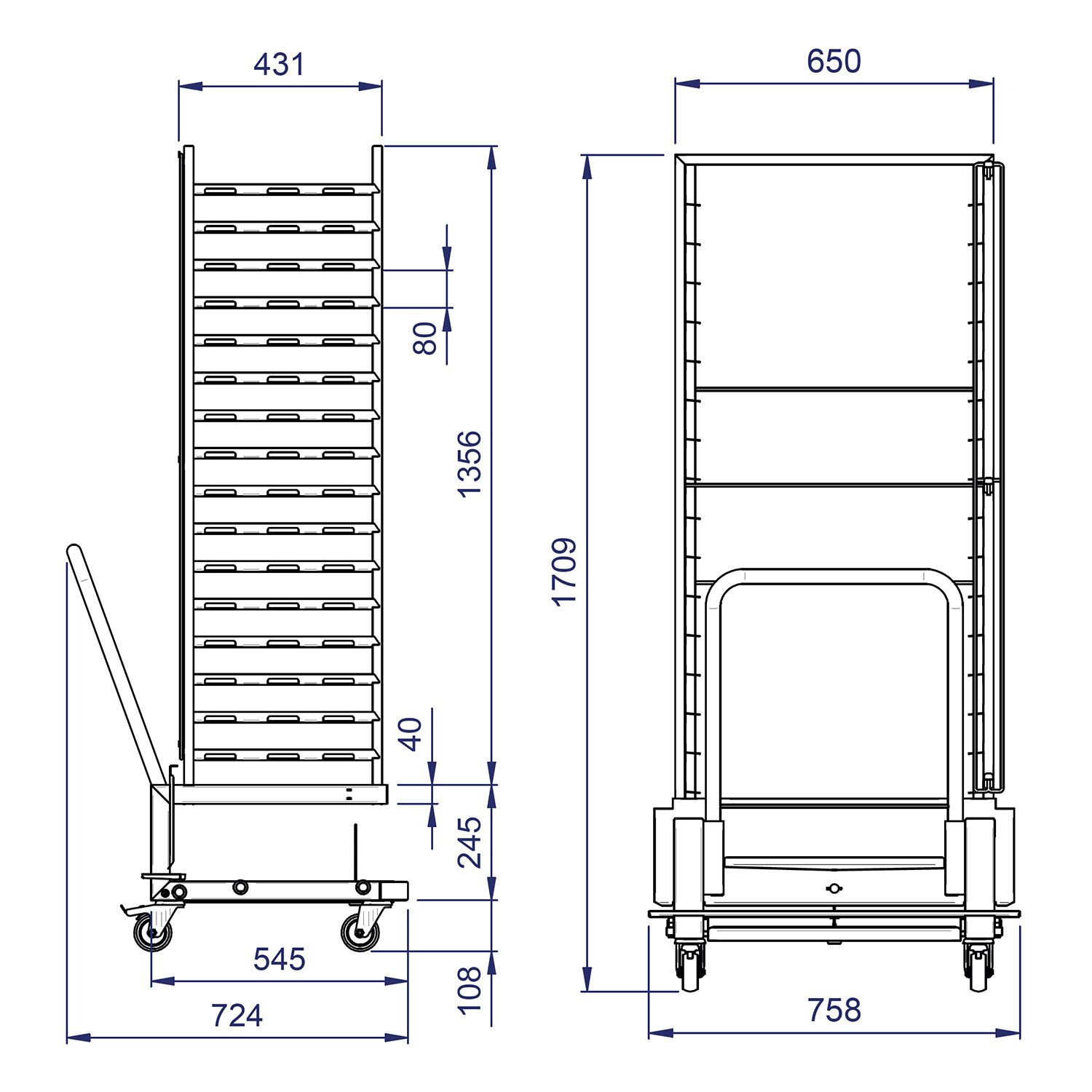 Stainless Steel Gastronorm Racking Trolley - 20-Level - for 20 x GN 1/1 Trays - with braked castors - compatible with KDTV2011 & KDMV2011