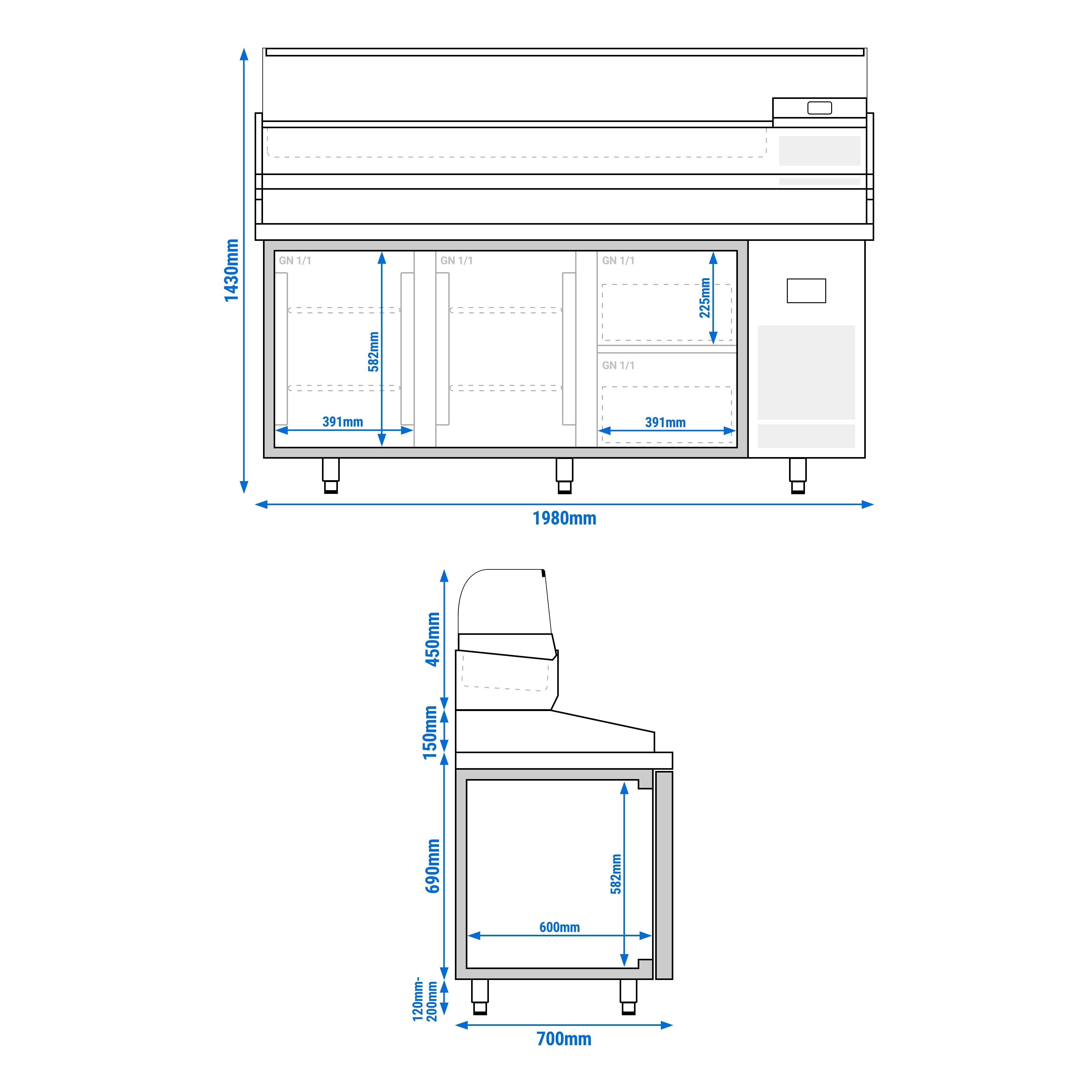 Table réfrigérée à pizza Premium PLUS - 1980x700 mm - avec 2 portes & 2 tiroirs - incl. vitrine réfrigérée - 9x GN 1/4