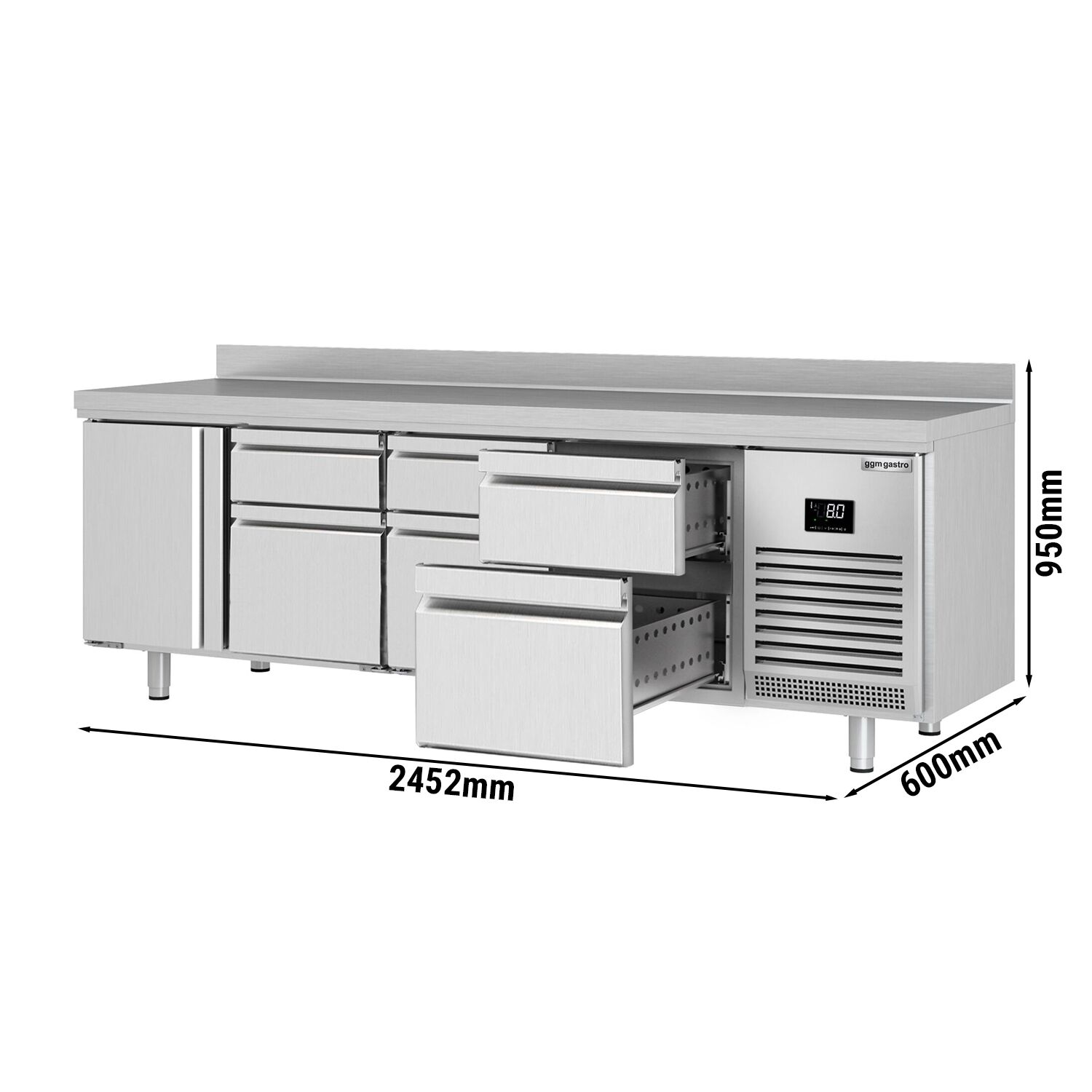 Table réfrigérée Premium PLUS - 2452 x 600 mm - avec 1 porte - 6 tiroirs - avec dosseret