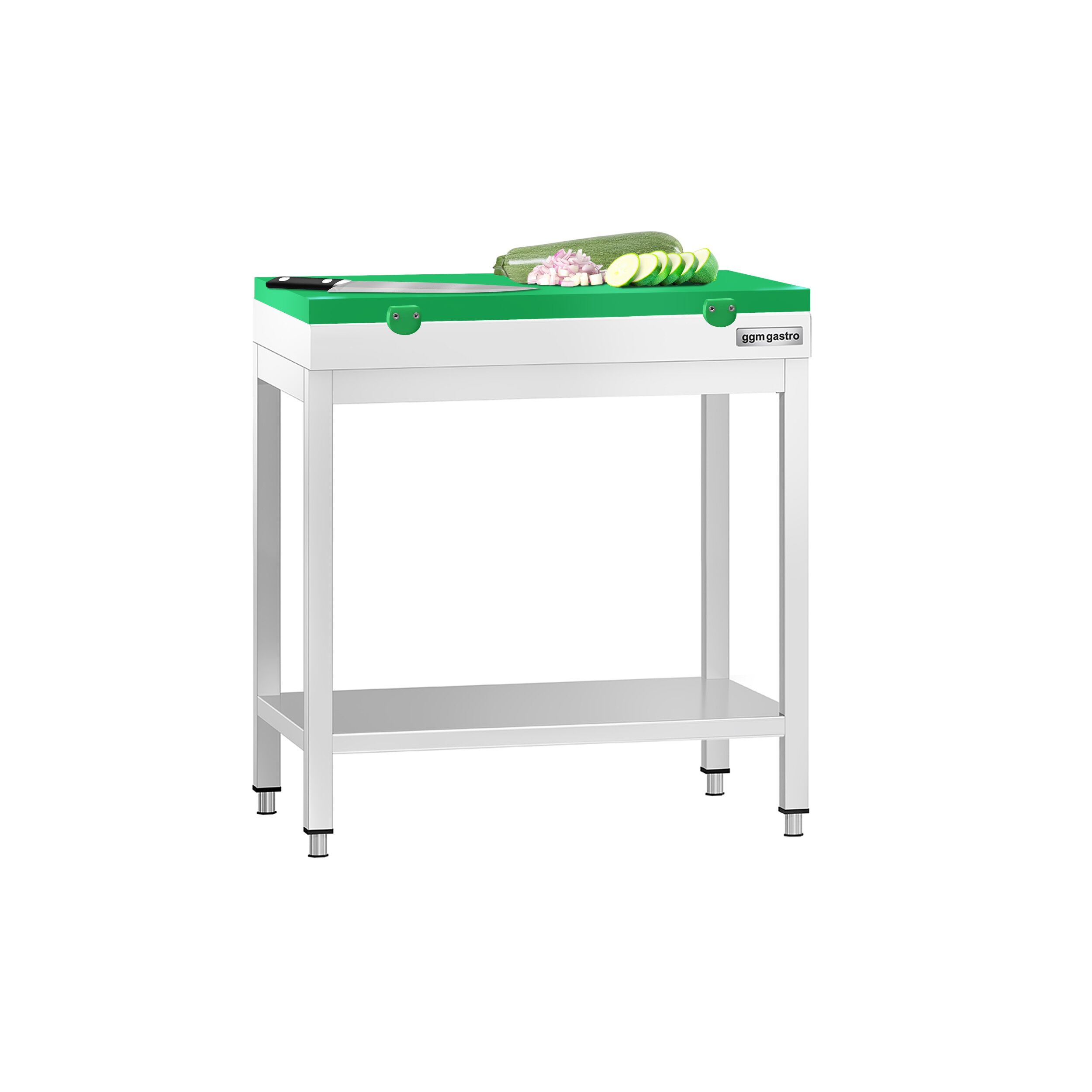 Stół roboczy centralny ze stali nierdzewnej PREMIUM - 600x600mm - z półką - z deską do krojenia Zielony