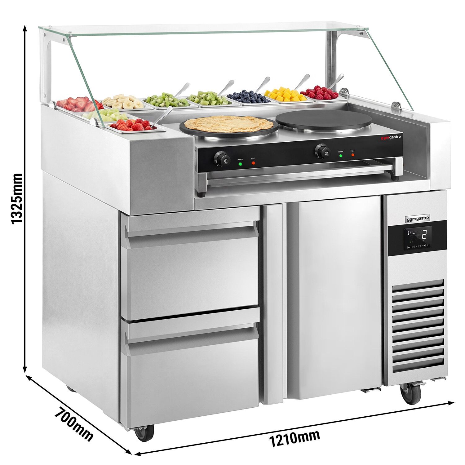 Table de préparation – 1210 mm – 1 porte & 2 tiroirs – pour 9 bacs GN 1/6 – incl. appareil à crêpes avec 2 plaques