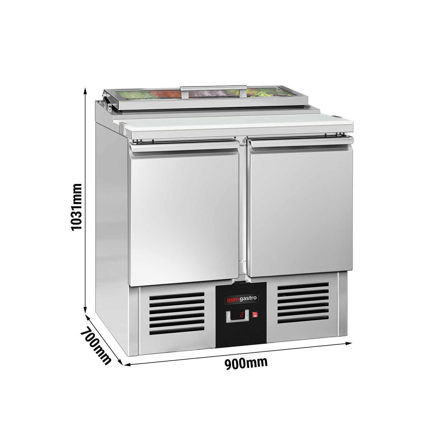 Saladette réfrigérée PREMIUM - 900mm - 159L - 2 portes - avec découpe pour 4x GN 1/3 & Couvercle verre