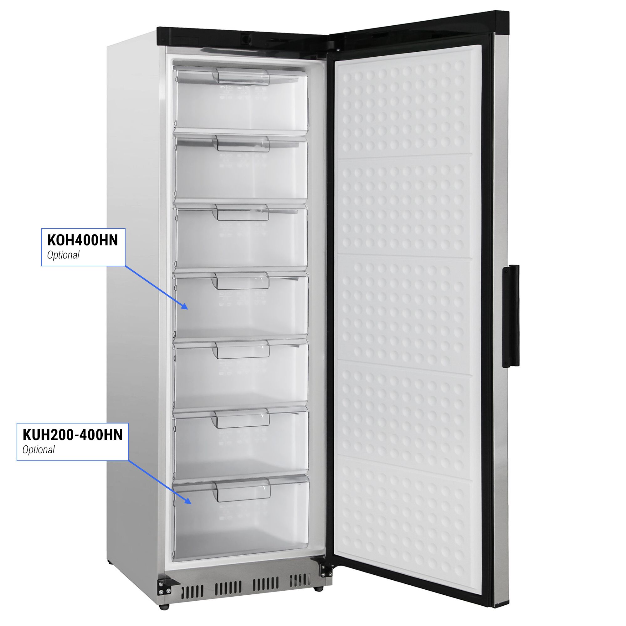 Lagerkühlschrank Edelstahl PREMIUM - 400 Liter - mit 1 Tür - Innenseite der Tür aus Kunststoff